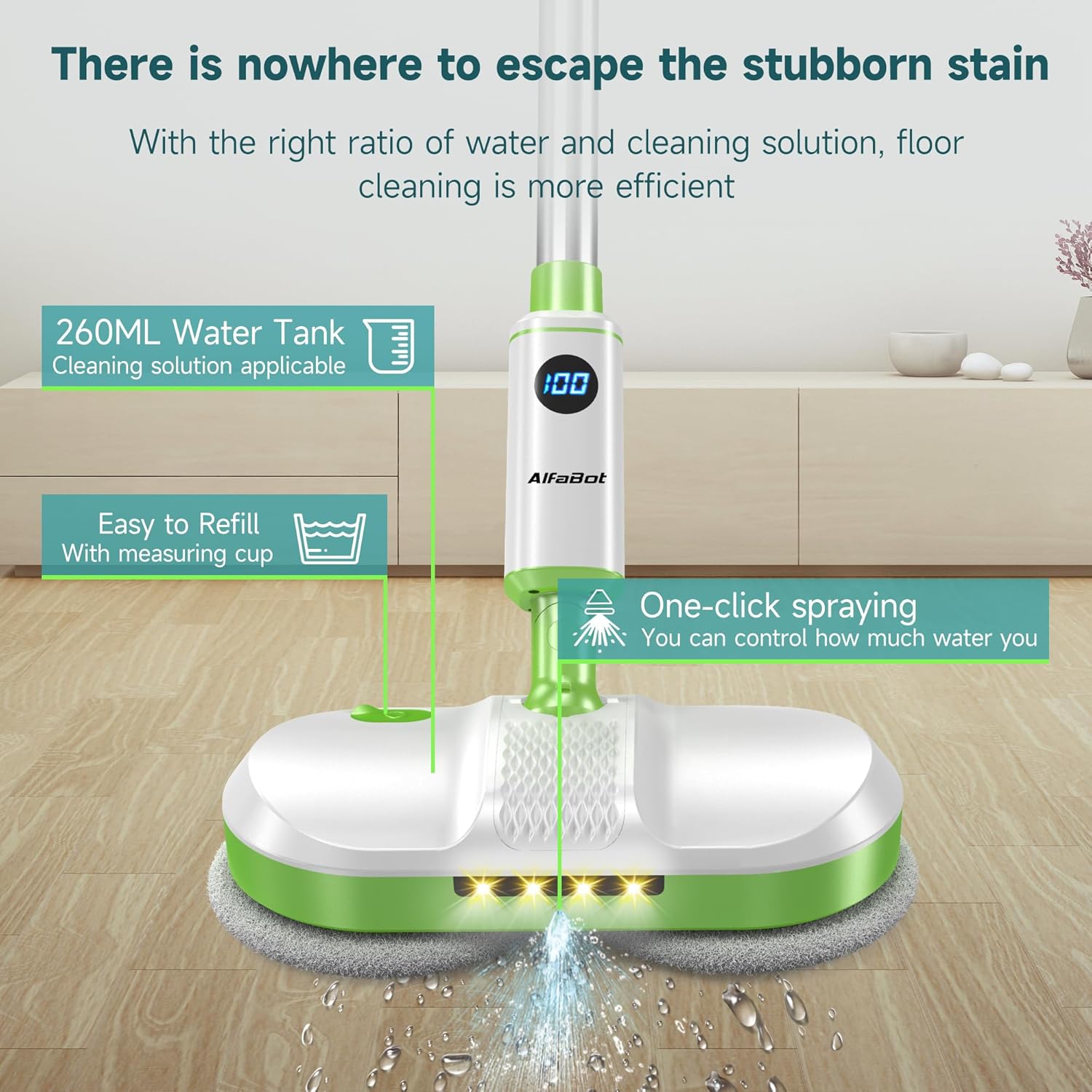 AlfaBot Cordless Electric Mop for Floor Cleaning, Dual Spin Mop with LED Headlight/Water Spray/Self-Propelled,Clean up to 2700 ft²,Rechargeable