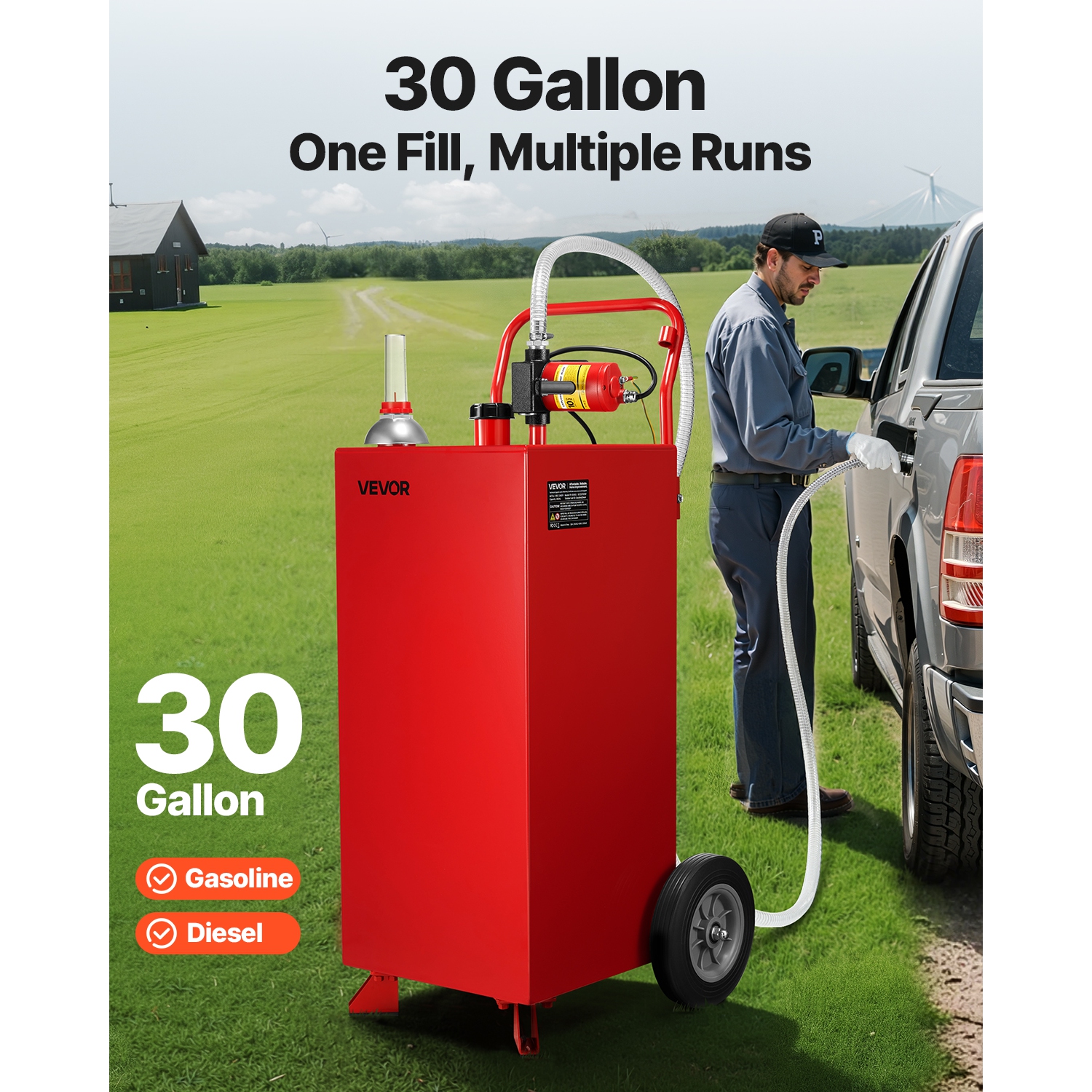 VEVOR 30 Gallon Fuel Caddy, Max Flow 32L/min, Gasoline & Diesel Fuel Tank with Electric Pump, Portable Fuel Storage Tank with 2 Wheels & 10 ft Hose,
