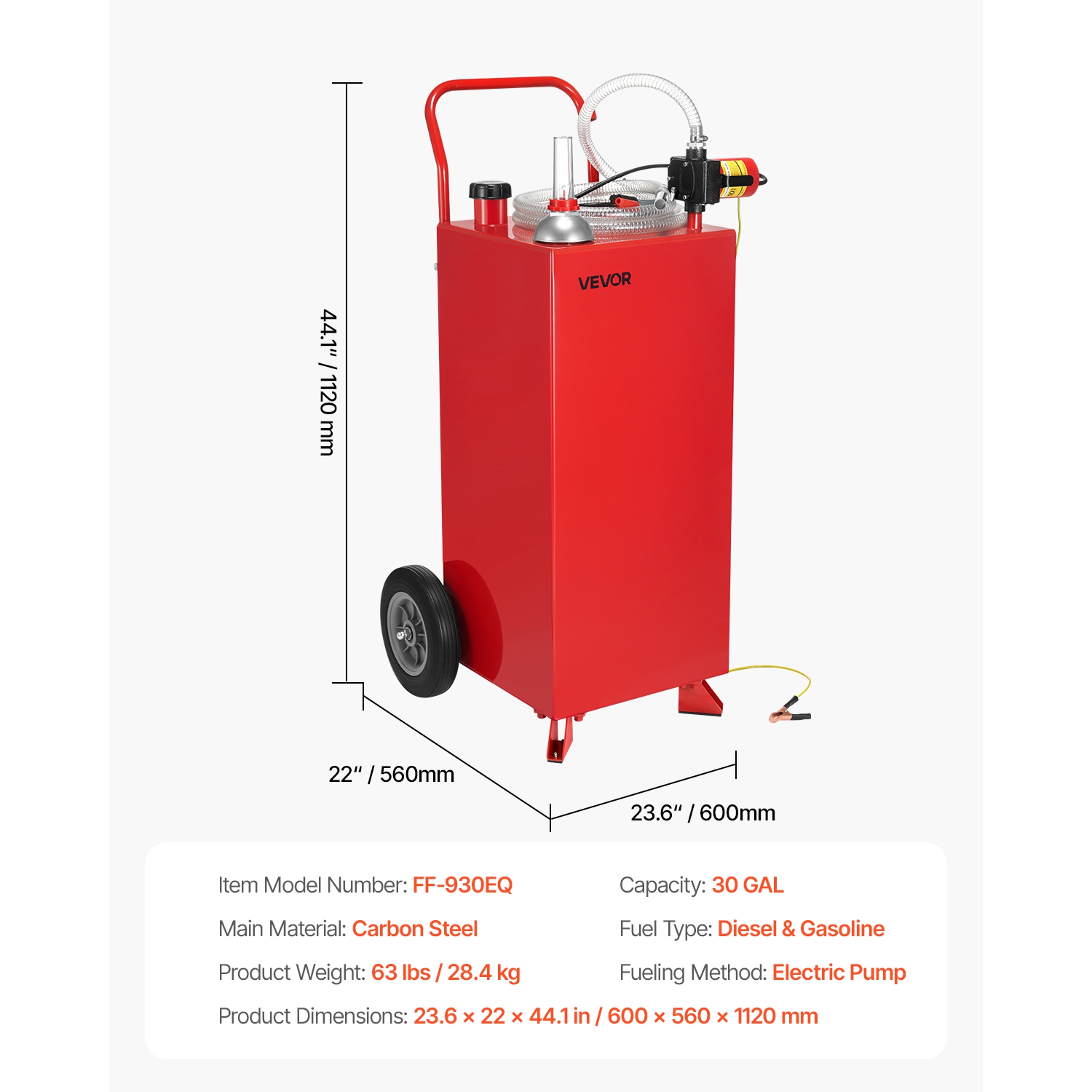 VEVOR 30 Gallon Fuel Caddy, Max Flow 32L/min, Gasoline & Diesel Fuel Tank with Electric Pump, Portable Fuel Storage Tank with 2 Wheels & 10 ft Hose,