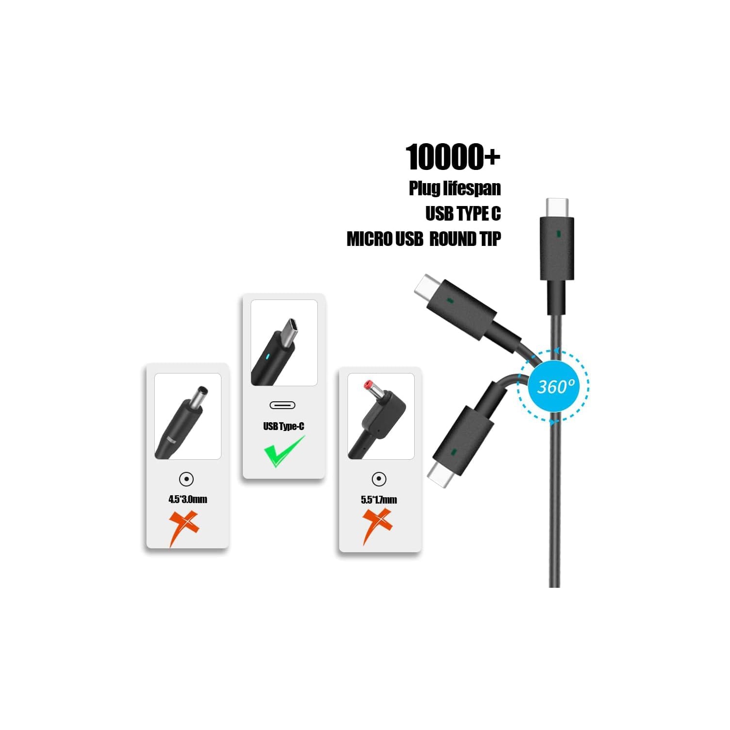 Chargeur de Chromebook 45 W Fit pour HP Lenovo Dell Acer Asus portable Chromebook de Samsung Câble adaptateur d'alimentation universel USB de