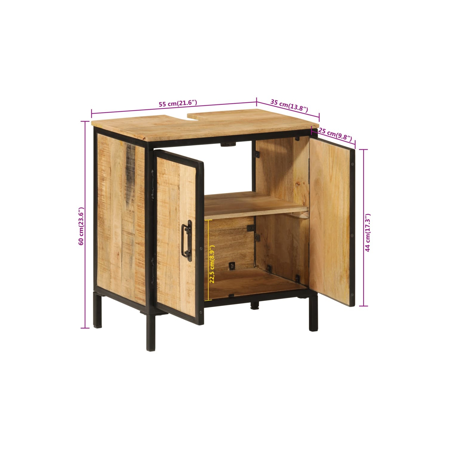 Armoire pour évier de salle de bain vidaXL 55 x 35 x 60&nbsp;cm en bois massif, mangue et fer