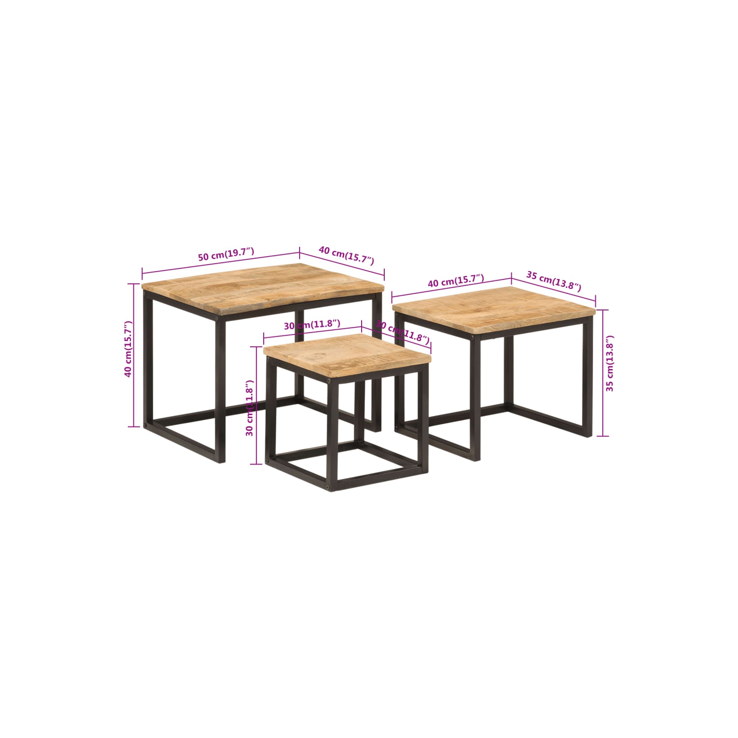 vidaXL Nesting Coffee Tables 3 pcs Solid Wood Mango and Iron