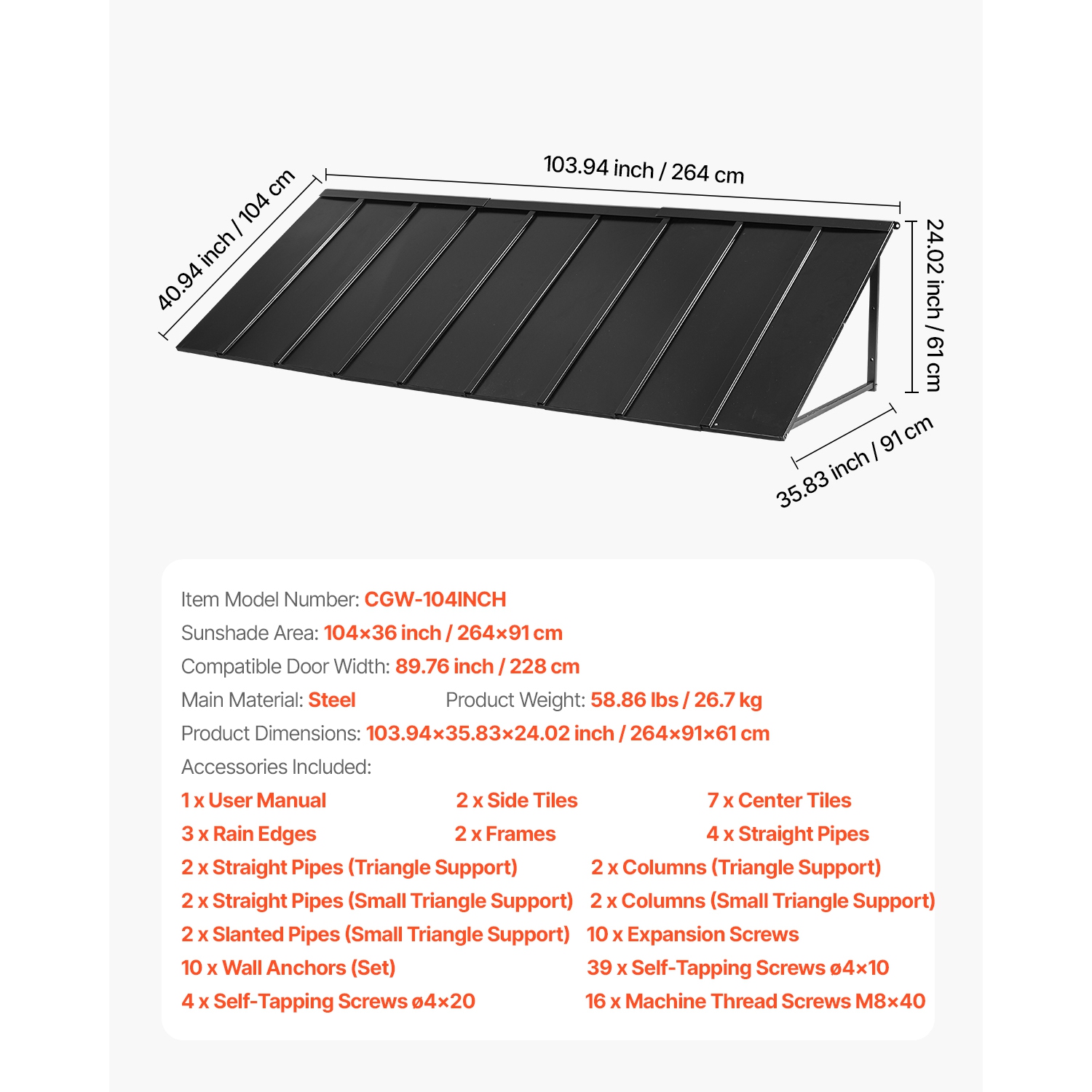 VEVOR 104 x 36 in Fixed Metal Awning , Window Awning Door Canopy, Stable Triangle Steel Frame Awnings for Doors Exterior Rain, Snow & Sunlight