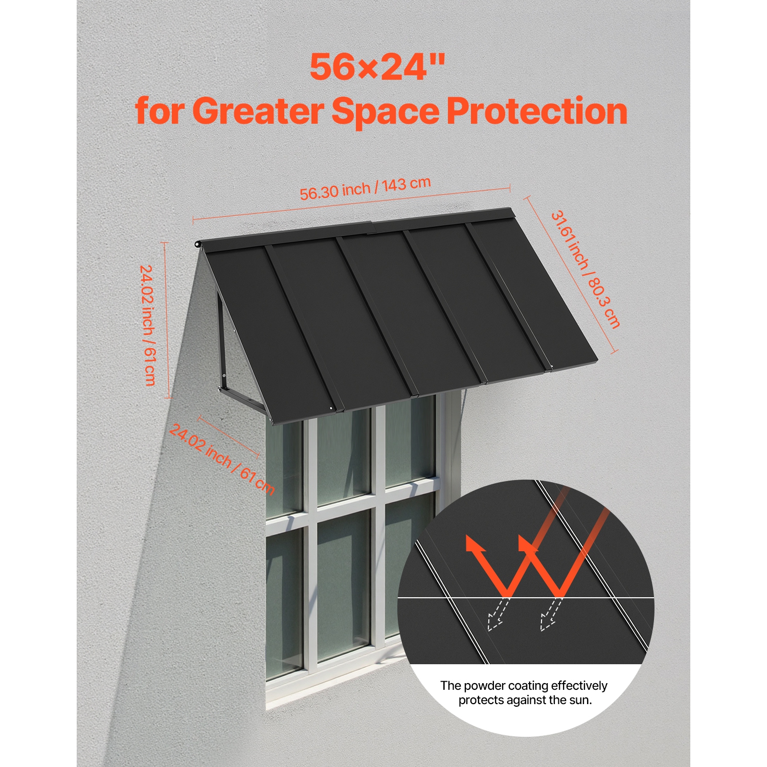 VEVOR 56 x 24 in Fixed Metal Awning, Window Awning Door Canopy, Stable Triangle Steel Frame Awnings for Doors Exterior Rain, and Snow Sunlight