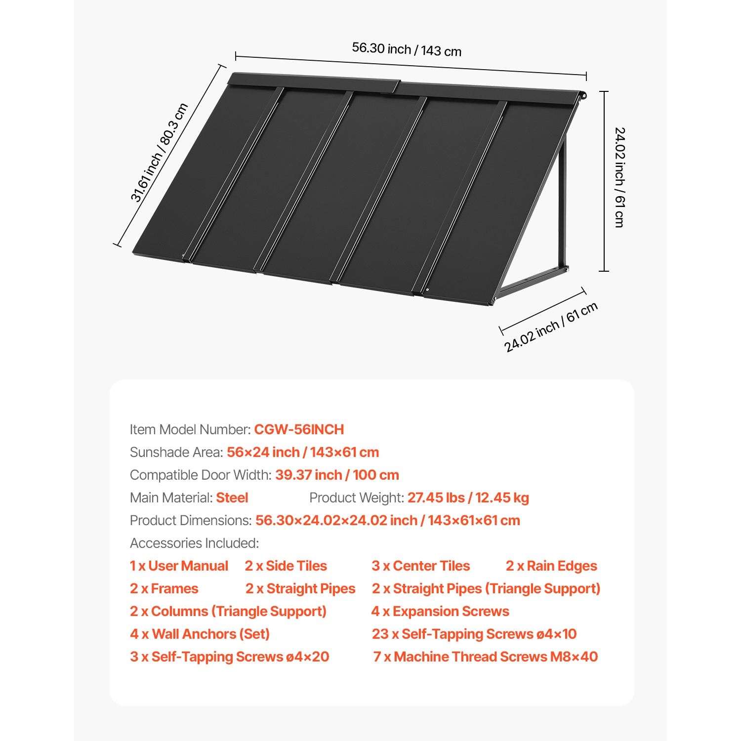 VEVOR 56 x 24 in Fixed Metal Awning, Window Awning Door Canopy, Stable Triangle Steel Frame Awnings for Doors Exterior Rain, and Snow Sunlight