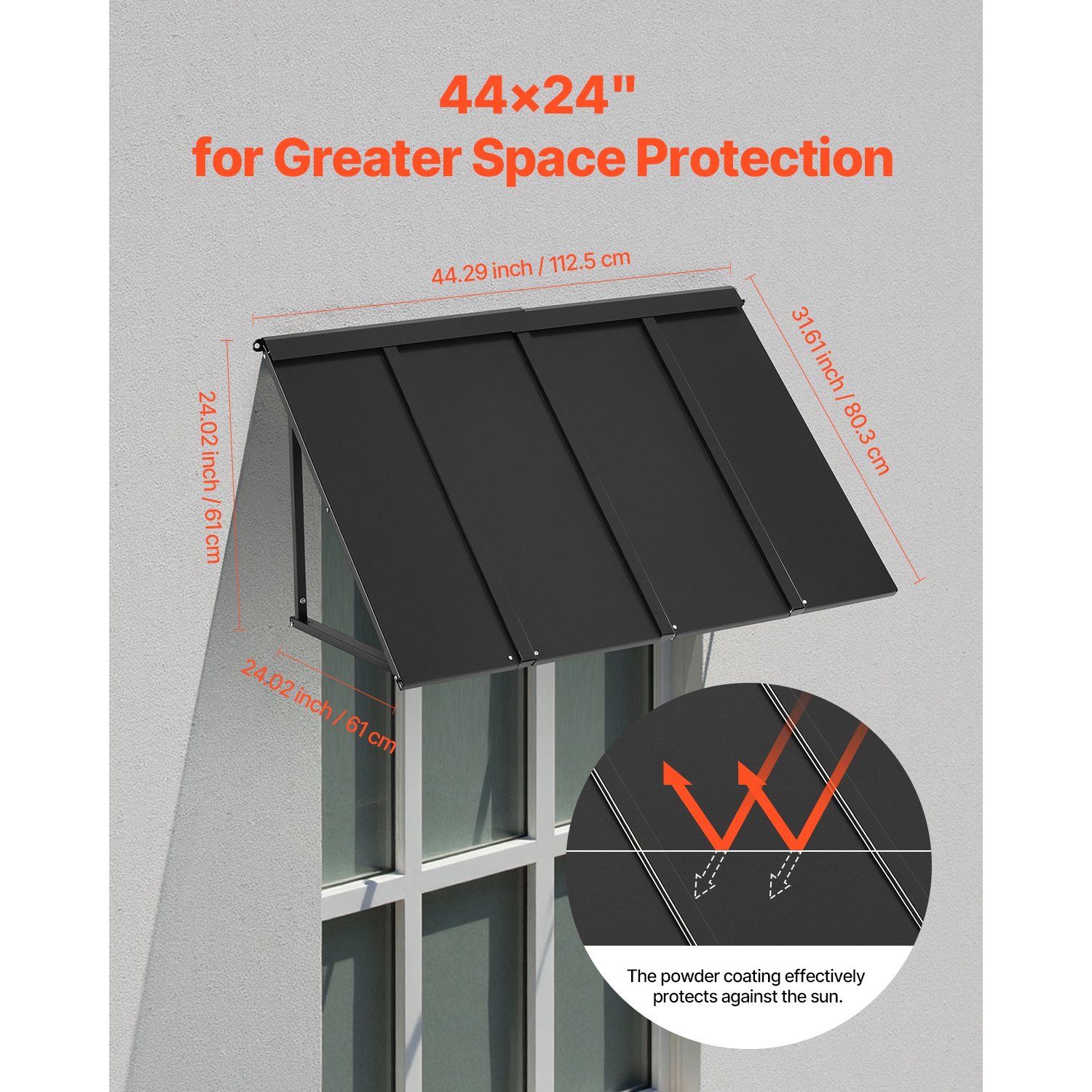 VEVOR 44 x 24 in Fixed Metal Awning , Window Awning Door Canopy, Stable Triangle Steel Frame Awnings for Doors Exterior Rain, and Snow Sunlight