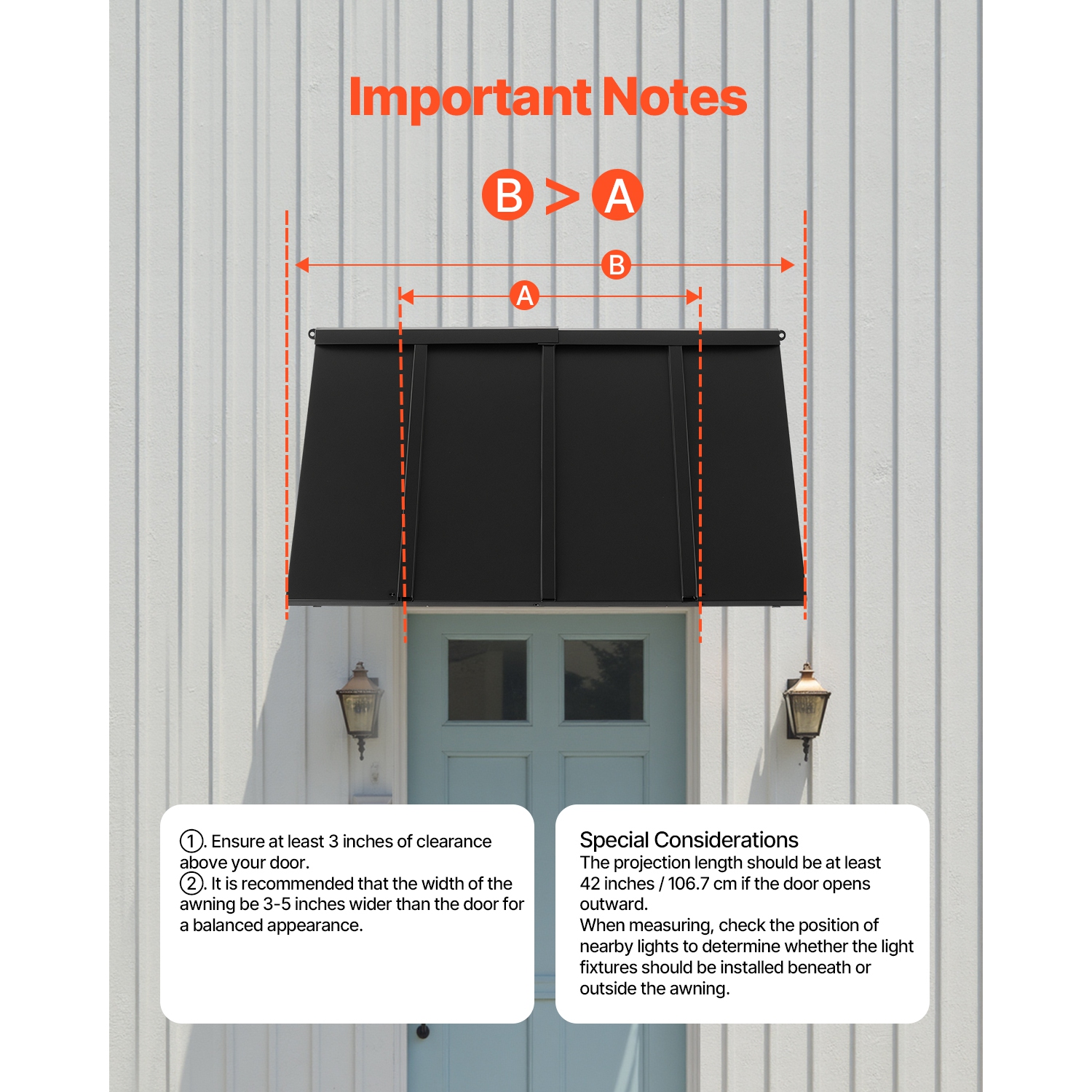 VEVOR 44 x 24 in Fixed Metal Awning , Window Awning Door Canopy, Stable Triangle Steel Frame Awnings for Doors Exterior Rain, and Snow Sunlight