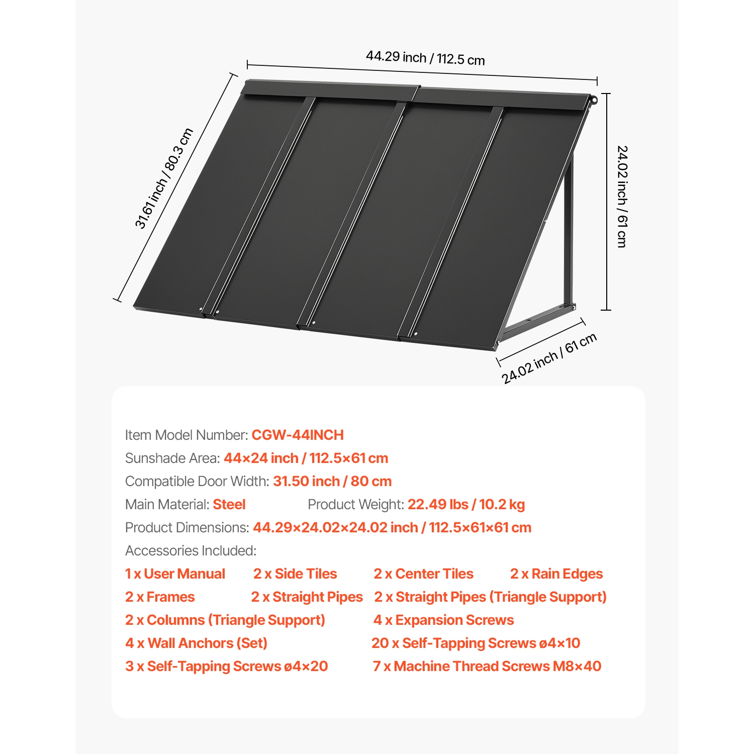 VEVOR 44 x 24 in Fixed Metal Awning , Window Awning Door Canopy, Stable Triangle Steel Frame Awnings for Doors Exterior Rain, and Snow Sunlight