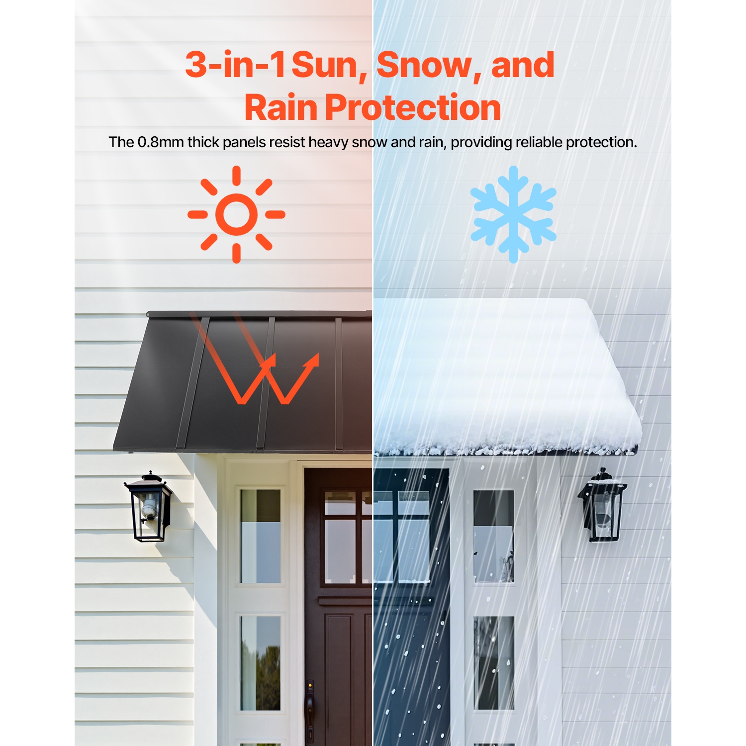 VEVOR 80 x 36 in Fixed Metal Awning , Window Awning Door Canopy, Stable Triangle Steel Frame Exterior Awnings Rain, and Snow Sunlight Protection for