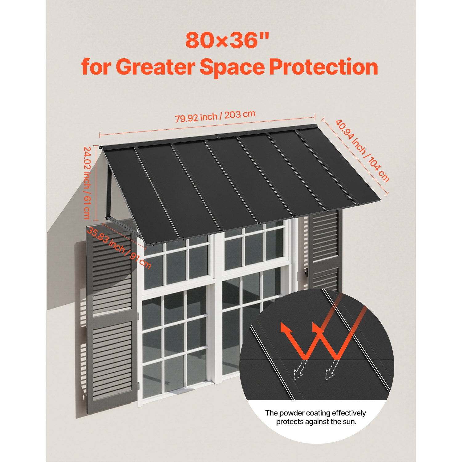 VEVOR 80 x 36 in Fixed Metal Awning , Window Awning Door Canopy, Stable Triangle Steel Frame Exterior Awnings Rain, and Snow Sunlight Protection for