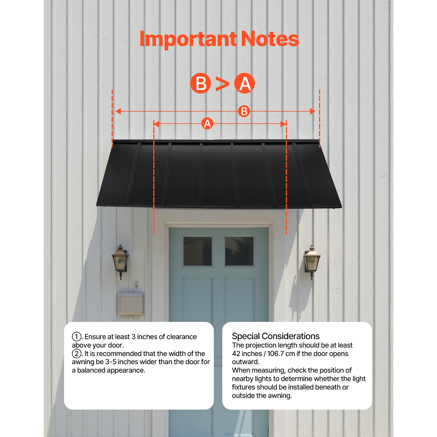 VEVOR 80 x 36 in Fixed Metal Awning , Window Awning Door Canopy, Stable Triangle Steel Frame Exterior Awnings Rain, and Snow Sunlight Protection for