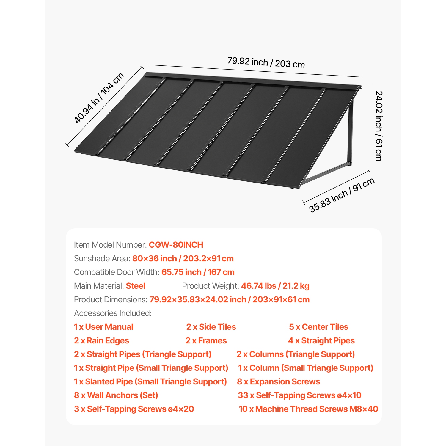 VEVOR 80 x 36 in Fixed Metal Awning , Window Awning Door Canopy, Stable Triangle Steel Frame Exterior Awnings Rain, and Snow Sunlight Protection for
