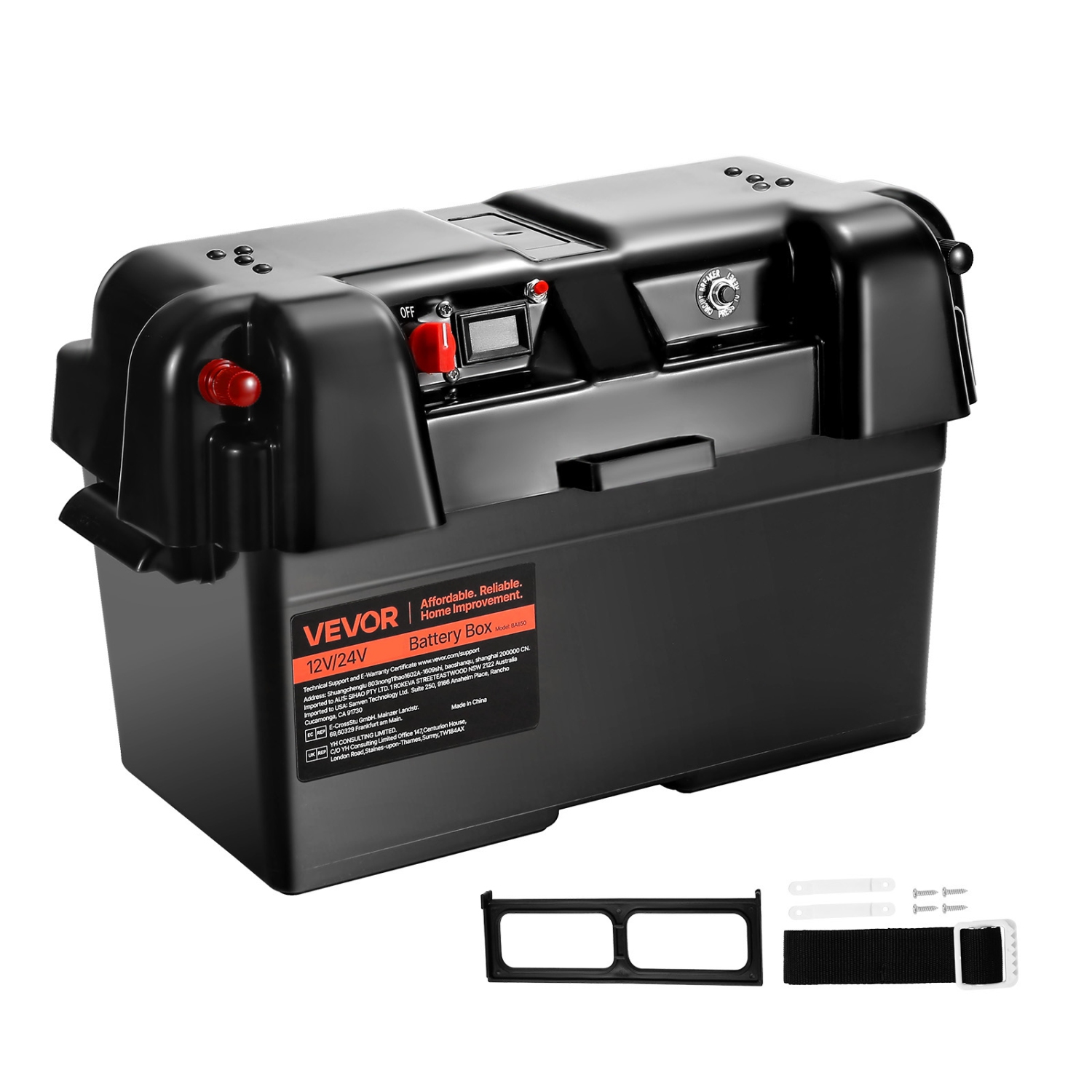 VEVOR 12V/24V Marine Battery Box, Group 24/27 Trolling Motor Battery Box, Batteries Case with PP Shell and Dual Straps, Smart Batteries Case,