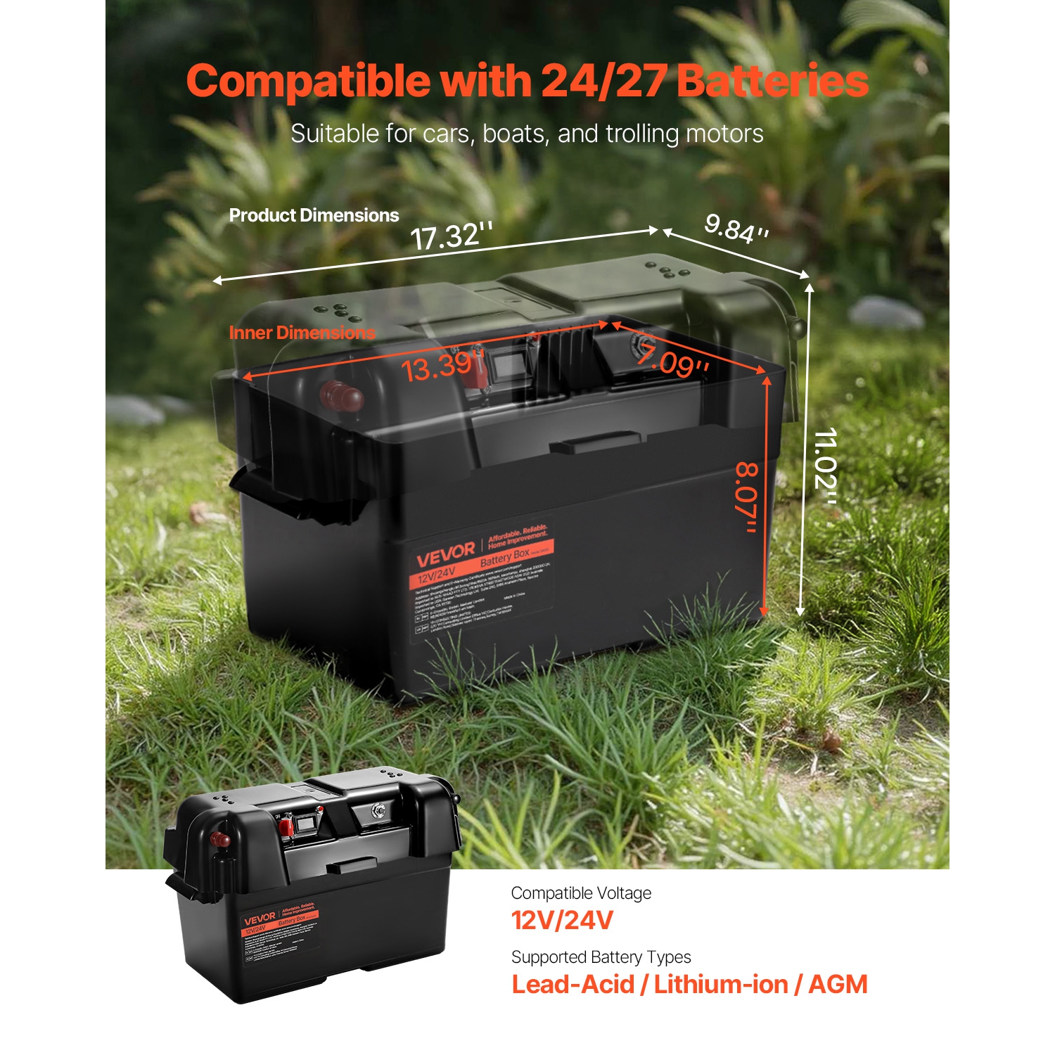 VEVOR 12V/24V Marine Battery Box, Group 24/27 Trolling Motor Battery Box, Batteries Case with PP Shell and Dual Straps, Smart Batteries Case,