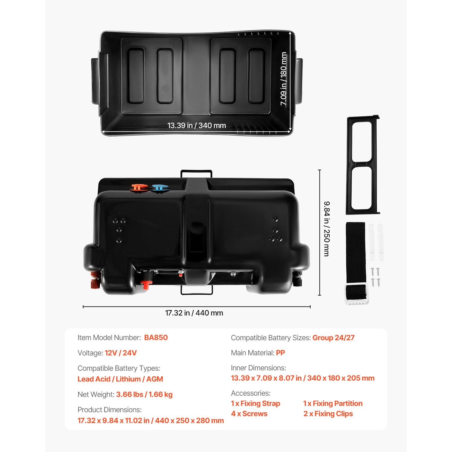 VEVOR 12V/24V Marine Battery Box, Group 24/27 Trolling Motor Battery Box, Batteries Case with PP Shell and Dual Straps, Smart Batteries Case,