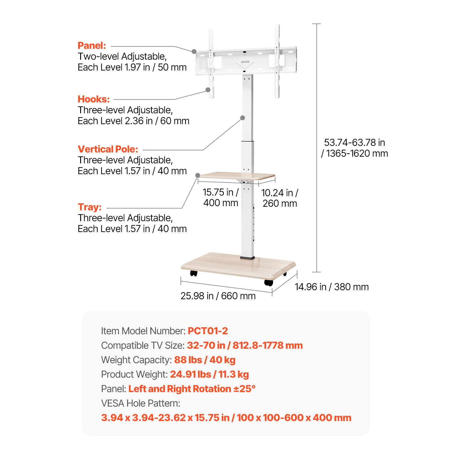 VEVOR 32-70 Inch Screens Rolling TV Stand,Mobile TV Cart ,25° Left-Right Rotation and Height Adjustable TV Mount with Tray,Holds up to 88 lbs for