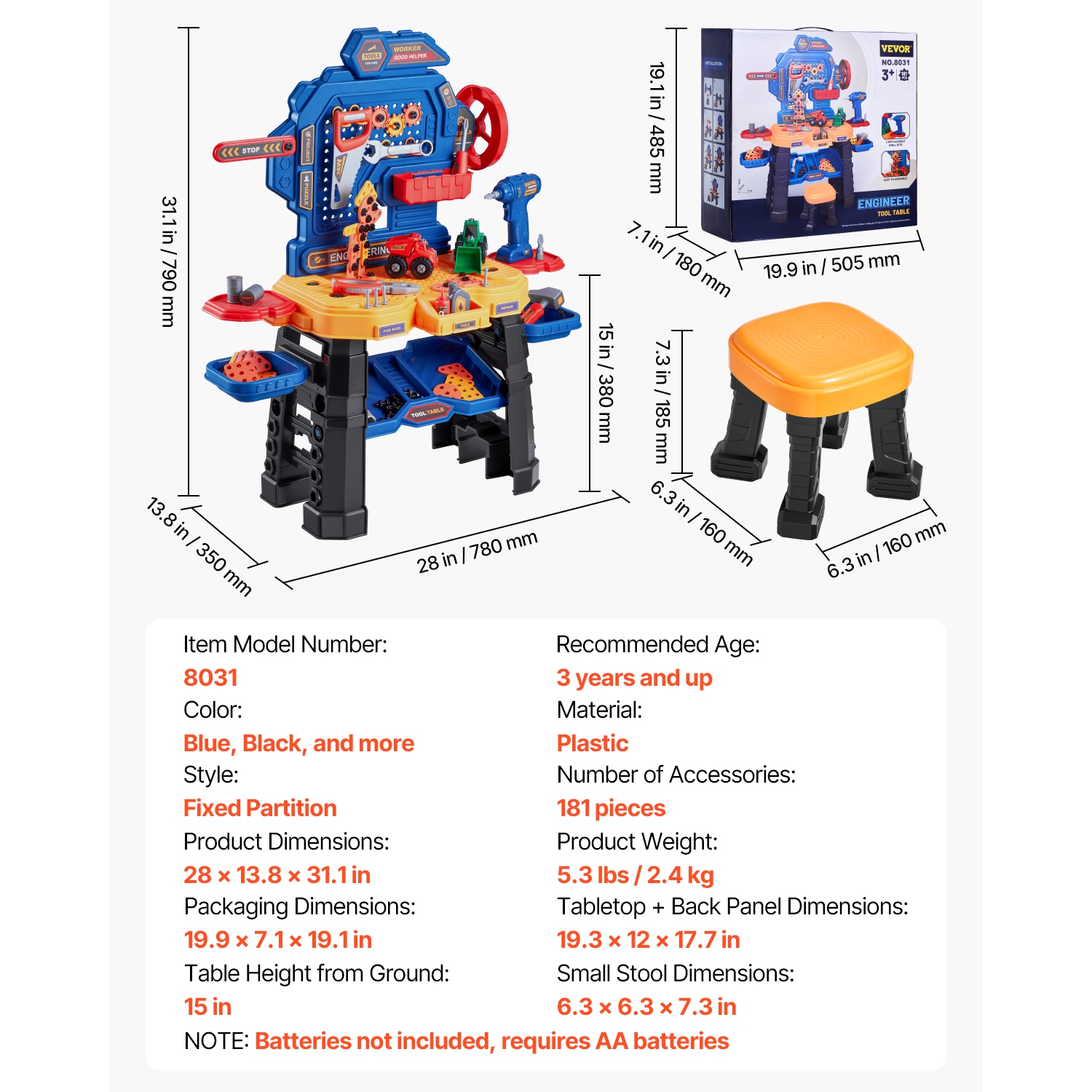 VEVOR 181 pcs Kids Workbench, Kids Tool Bench with Realistic Tools and Electric Drill, Pretend Play Construction Workbench Toys for Toddlers, Toddler