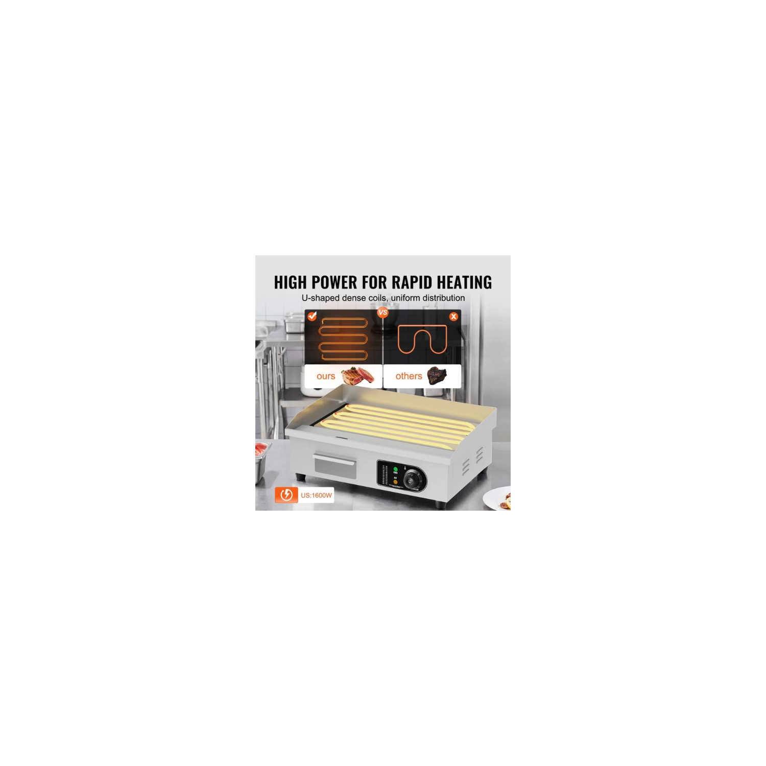 Gril électrique commercial VEVOR HT-821, gril demi-plat de comptoir 1600&nbsp;W, x 26 x 21&nbsp;po, acier inoxydable, température réglable 122-572,