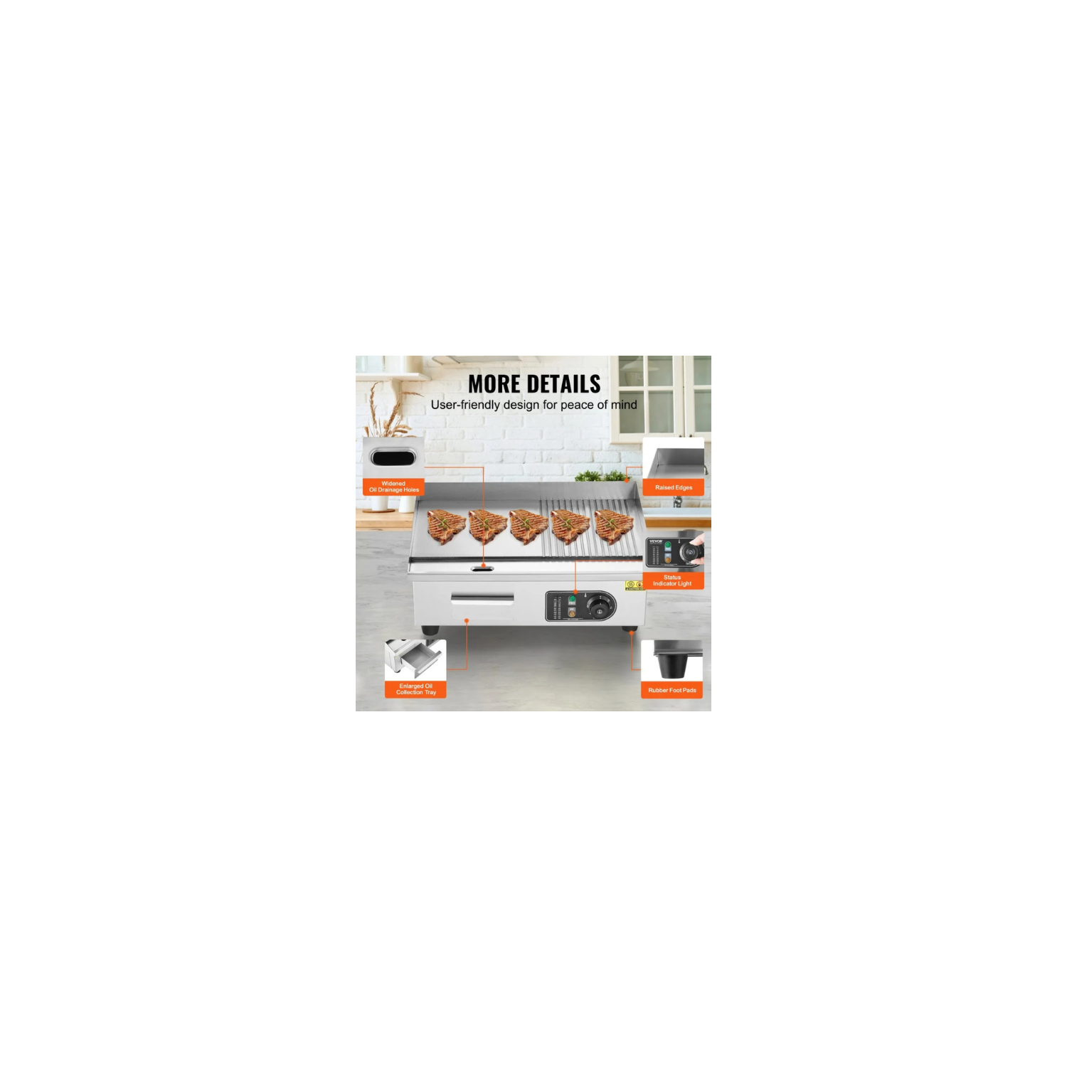 Gril électrique commercial VEVOR HT-821, gril demi-plat de comptoir 1600&nbsp;W, x 26 x 21&nbsp;po, acier inoxydable, température réglable 122-572,