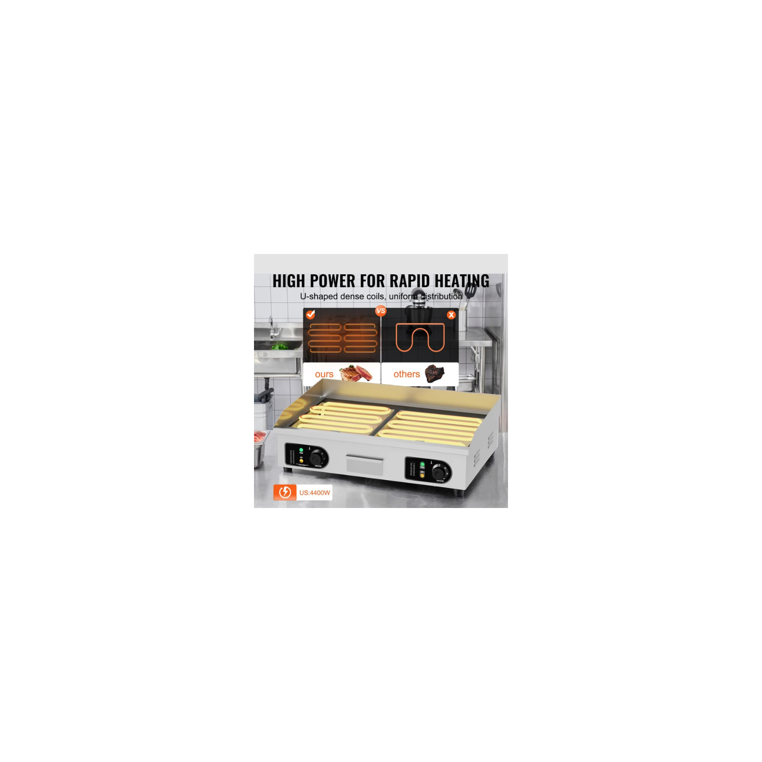 Gril électrique commercial VEVOR HT-820, gril plat de comptoir 4400&nbsp;W, x 74 x 28&nbsp;po, acier inoxydable, température réglable 122-572, argent