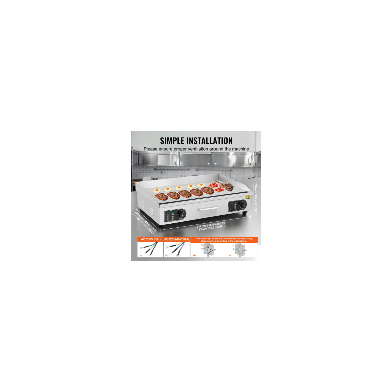 Gril électrique commercial VEVOR HT-820, gril plat de comptoir 4400&nbsp;W, x 74 x 28&nbsp;po, acier inoxydable, température réglable 122-572, argent