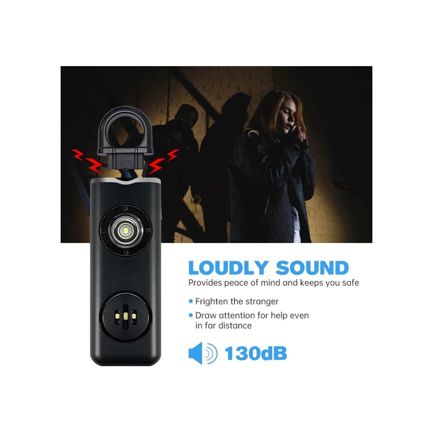 Small Self-Defense Keychain Alarm with Rechargeable 130dB LED Light for Travel, Hiking and Everyday Protection - White 1 pc