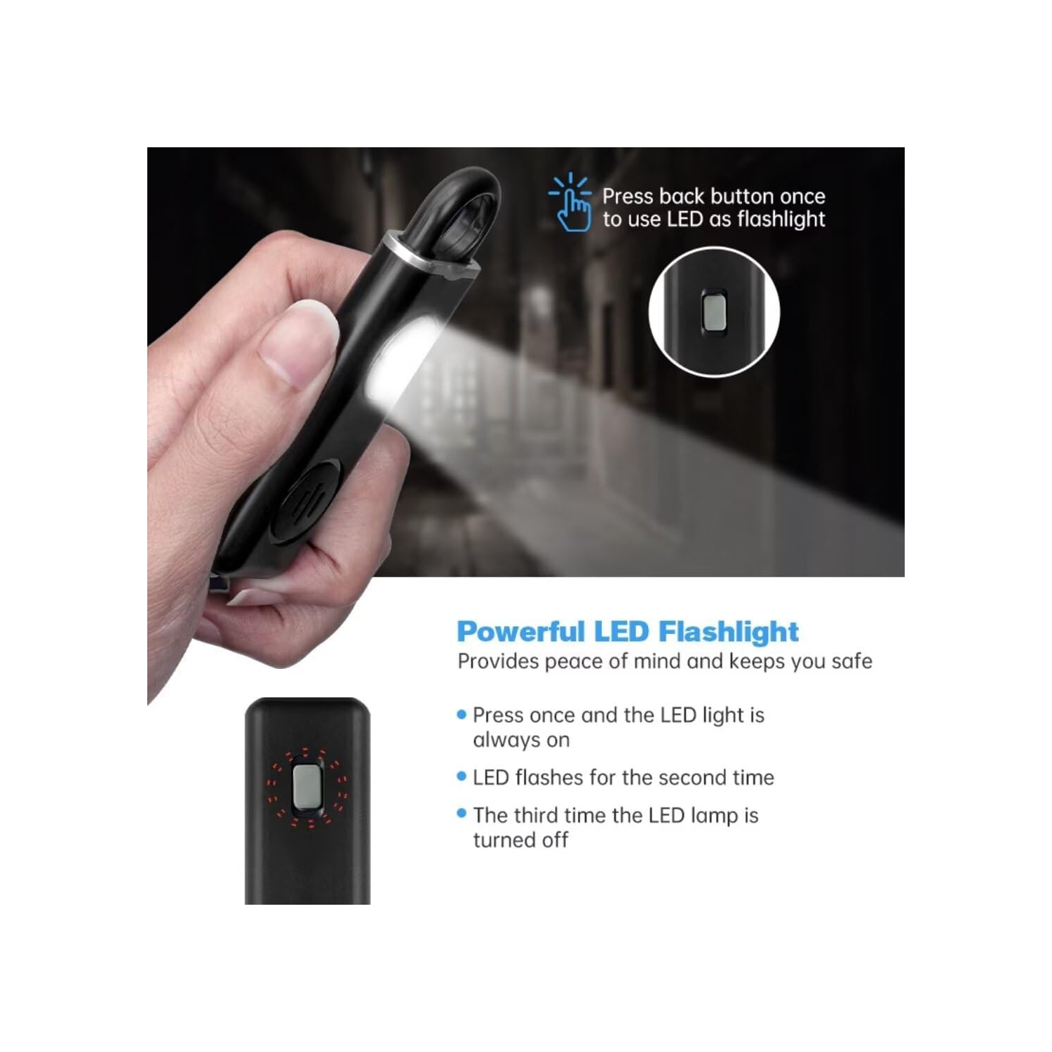 Small Self-Defense Keychain Alarm with Rechargeable 130dB LED Light for Travel, Hiking and Everyday Protection - White 1 pc