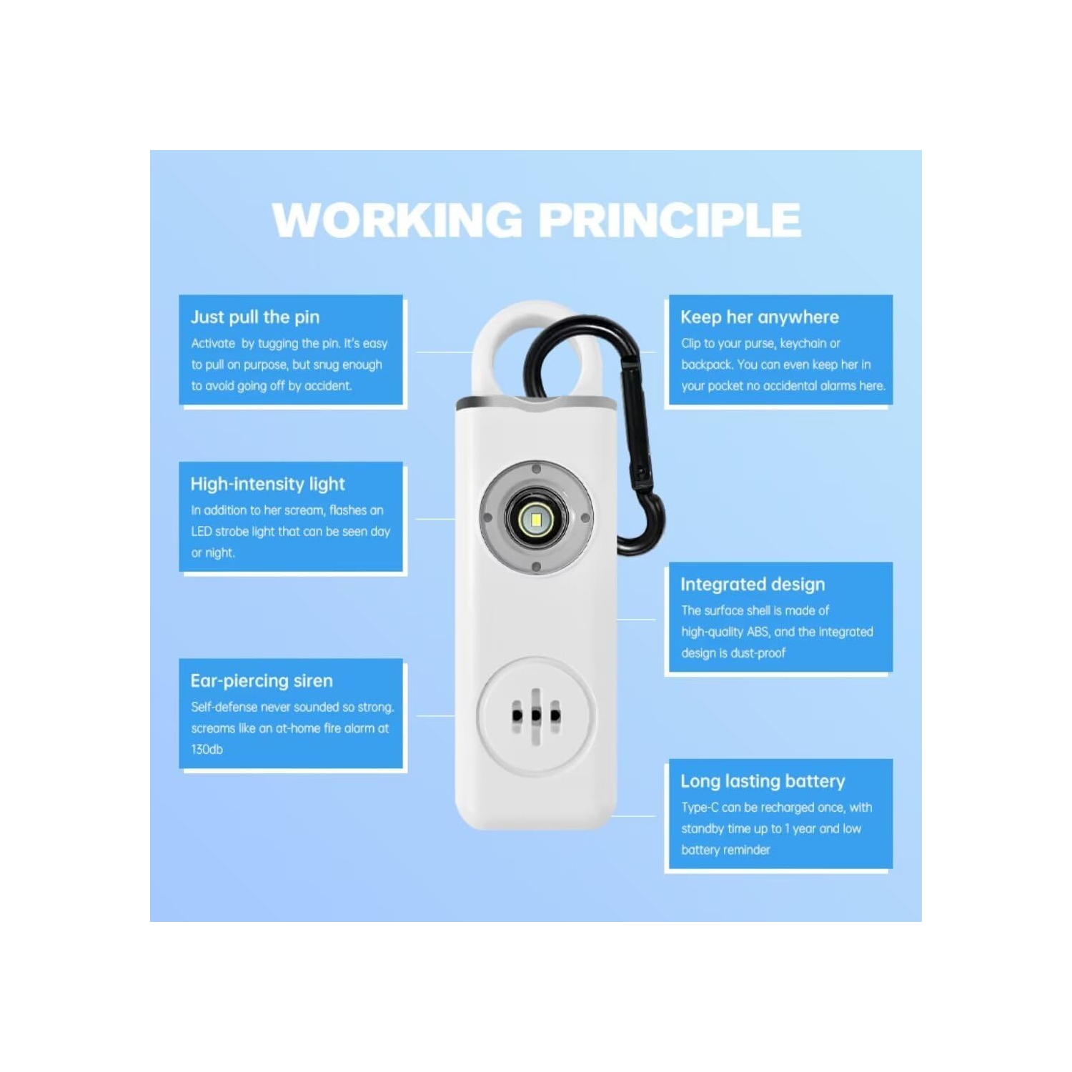 Small Self-Defense Keychain Alarm with Rechargeable 130dB LED Light for Travel, Hiking and Everyday Protection - White 1 pc