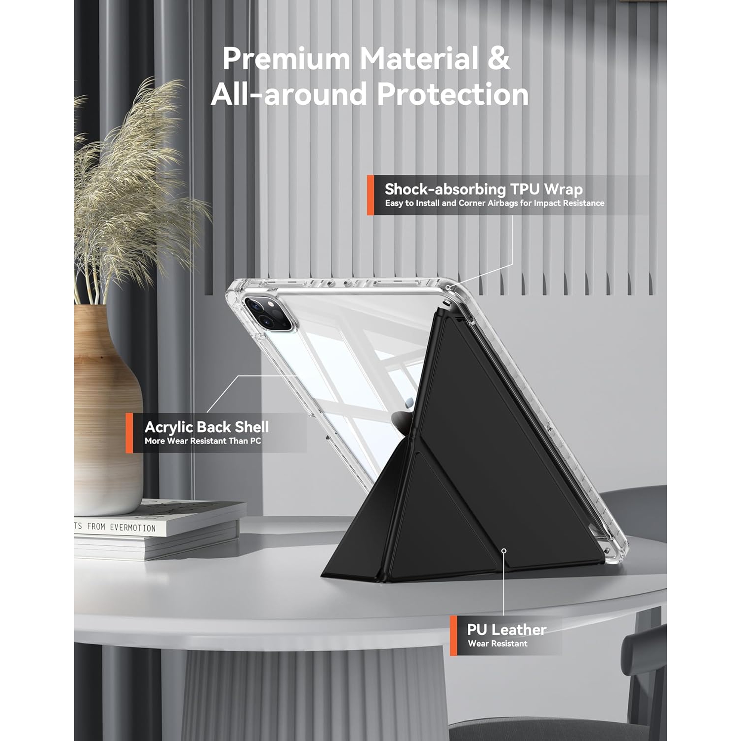 Couverture arrière en acrylique transparent avec support multi-angle pour iPad Air 4/5 avec fente pour stylo - Noir