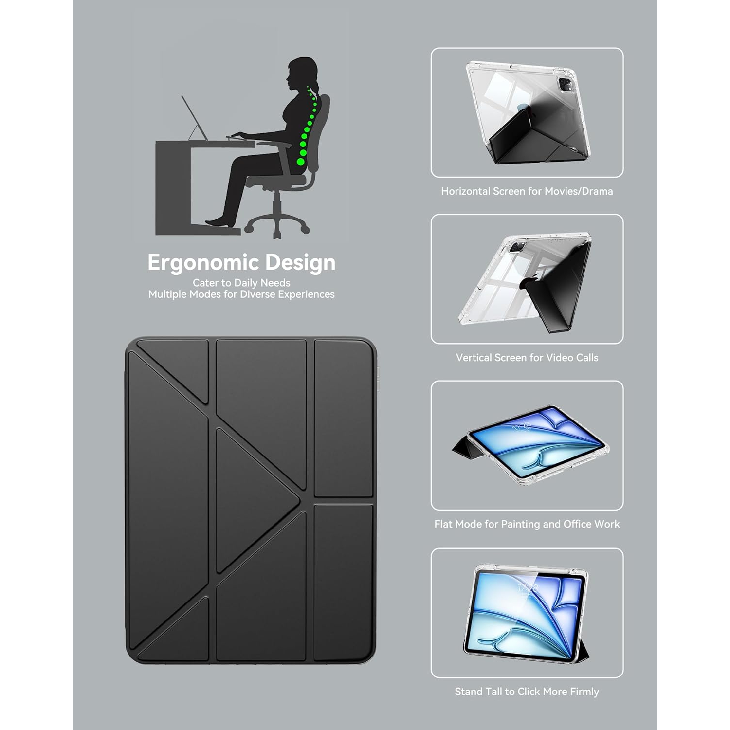 Protective Clear Acrylic Back Cover with Multi-Angle Stand for iPad Pro 2018/20/21/22 with Pen Slot - Black