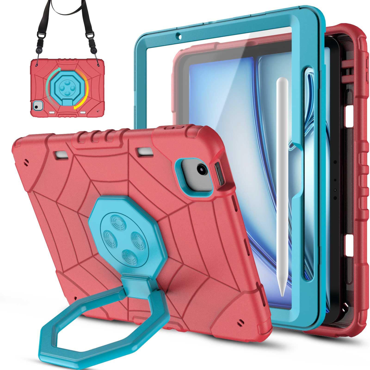 Compatible with iPad Pro 11-inch Air 2024 Tablet Case with 360° Rotating Stand and Pen Slot - Red + Blue