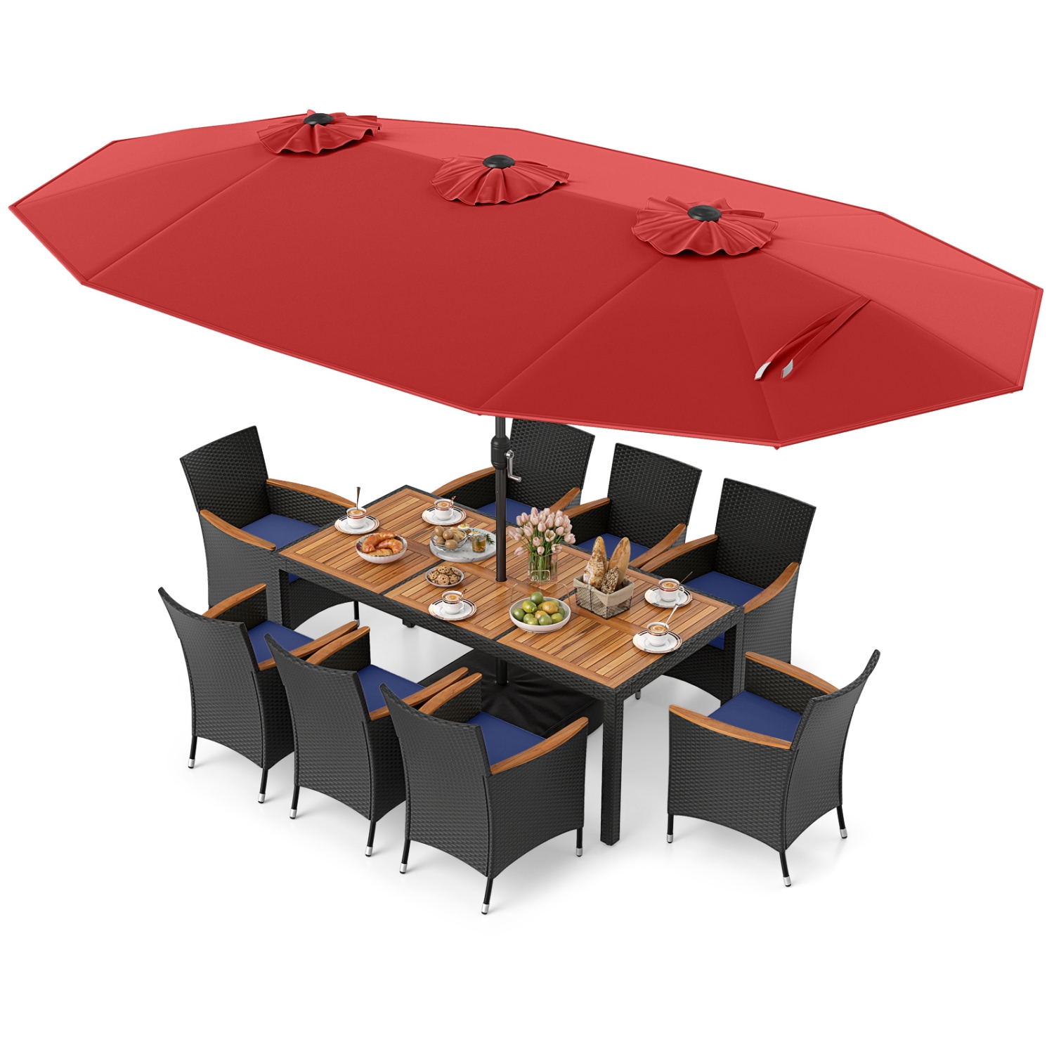Costway 9 PCS Patio Wicker Dining Set with Double-Sided Outdoor Umbrella 8 Stackable Chairs