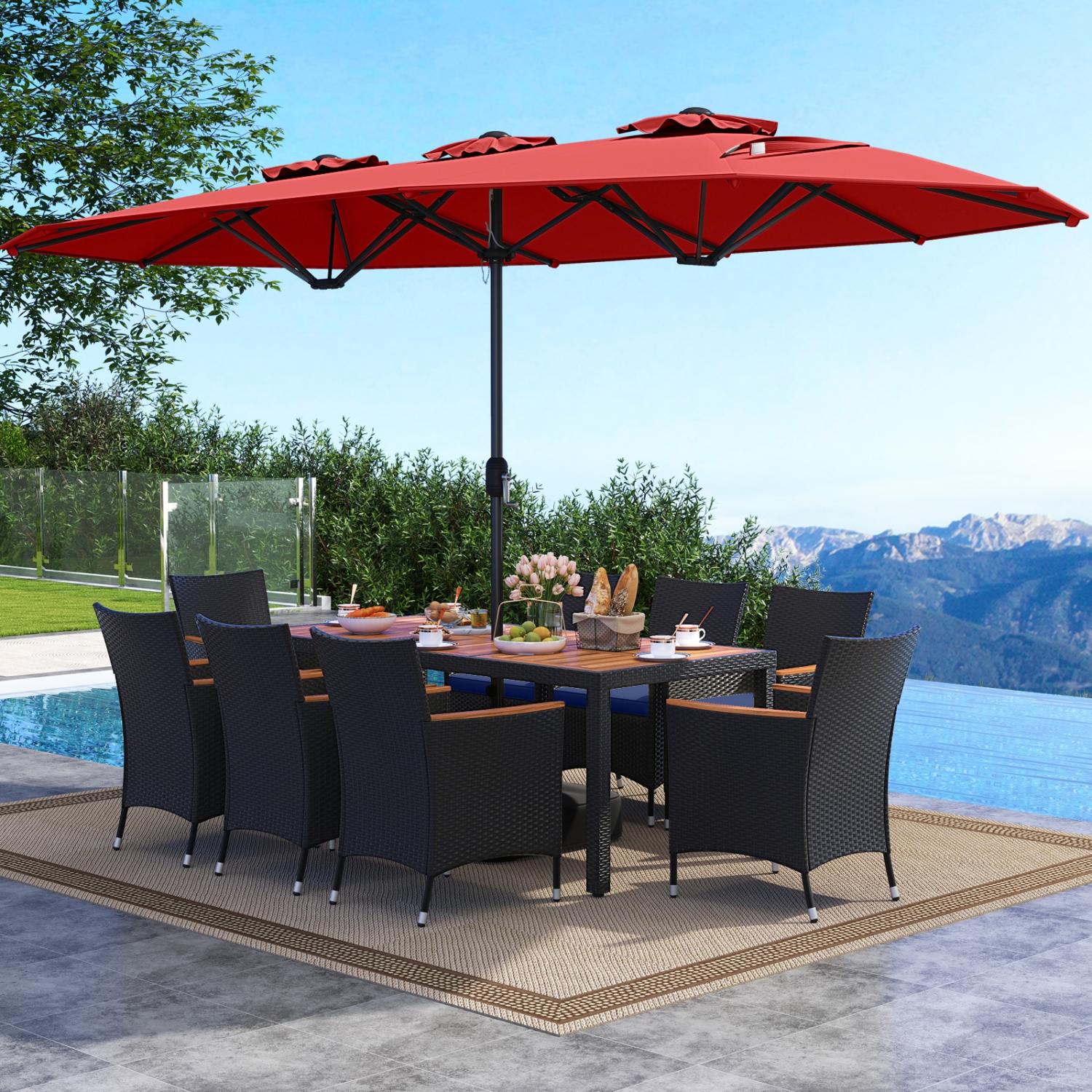 Costway 9 PCS Patio Wicker Dining Set with Double-Sided Outdoor Umbrella 8 Stackable Chairs