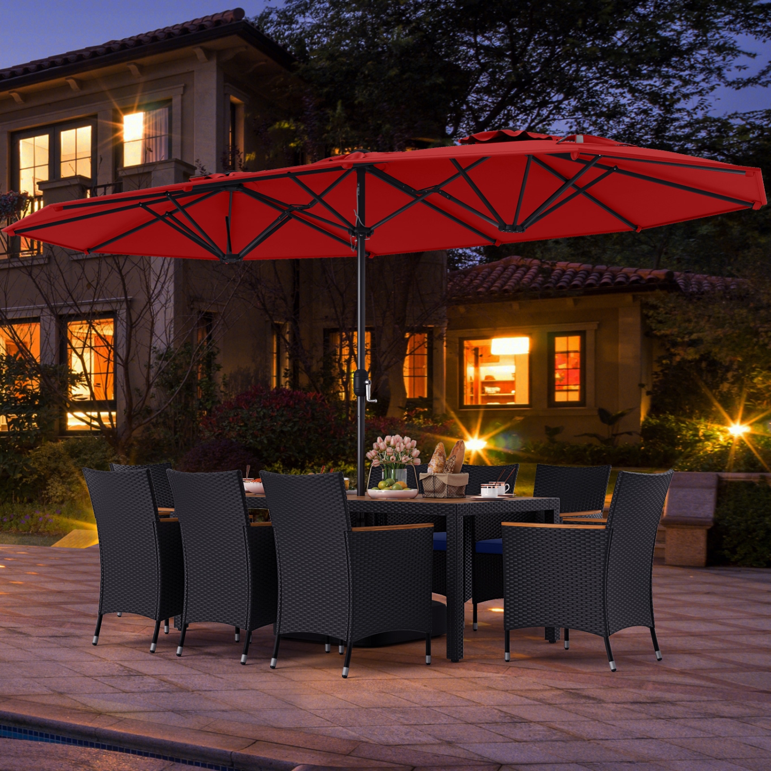 Costway 9 PCS Patio Wicker Dining Set with Double-Sided Outdoor Umbrella 8 Stackable Chairs