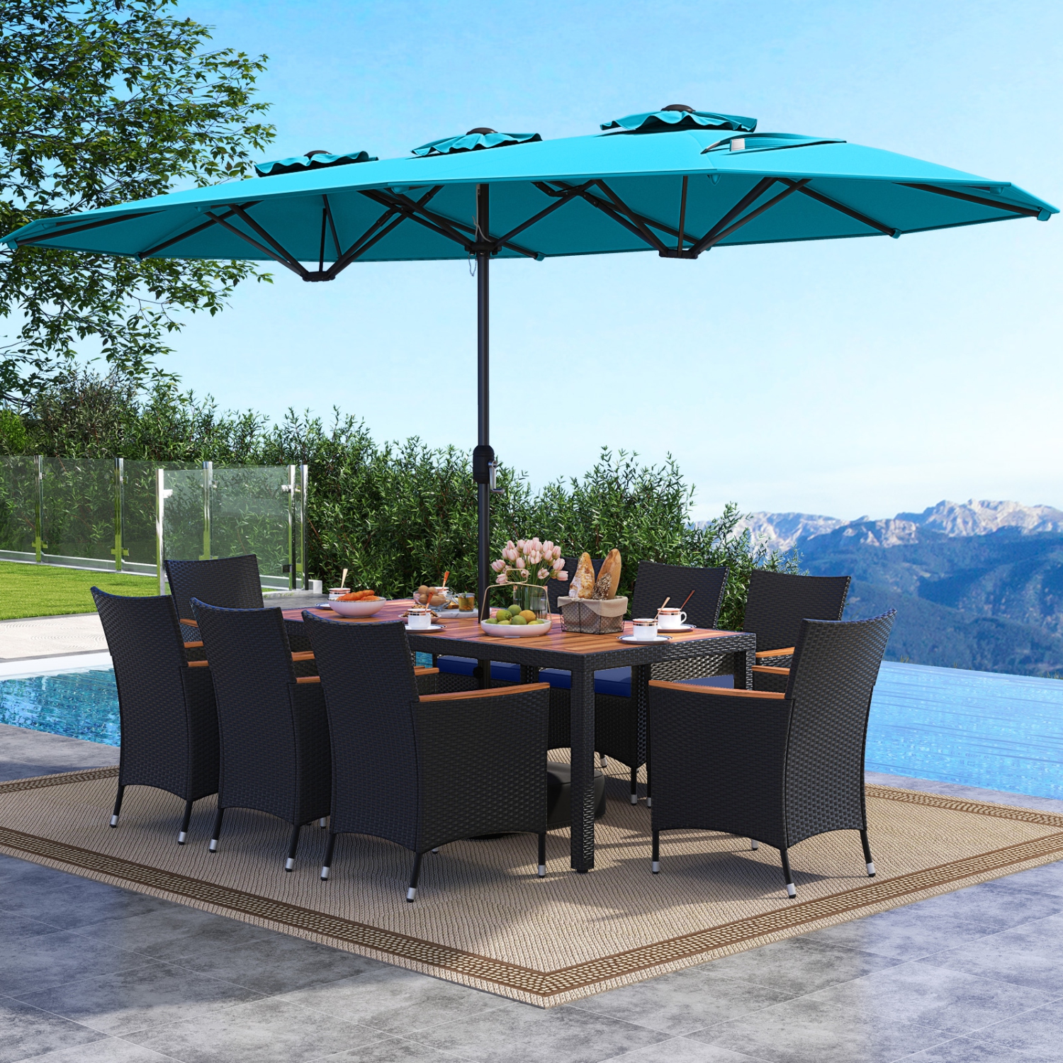 Costway 9 PCS Patio Wicker Dining Set with Double-Sided Outdoor Umbrella 8 Stackable Chairs