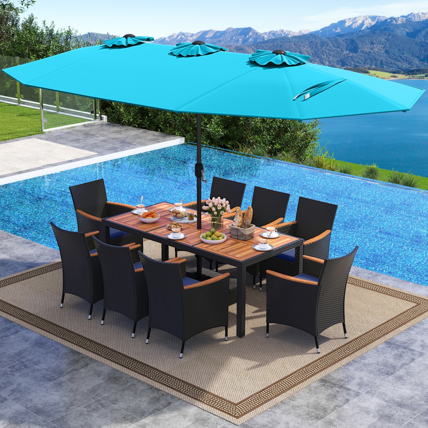 Costway 9 PCS Patio Wicker Dining Set with Double-Sided Outdoor Umbrella 8 Stackable Chairs