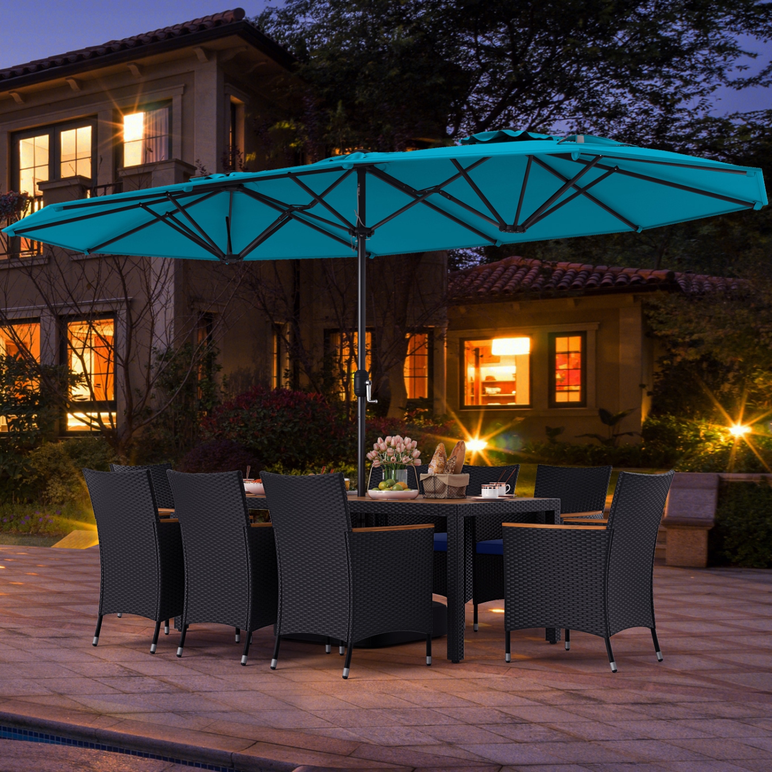 Costway 9 PCS Patio Wicker Dining Set with Double-Sided Outdoor Umbrella 8 Stackable Chairs