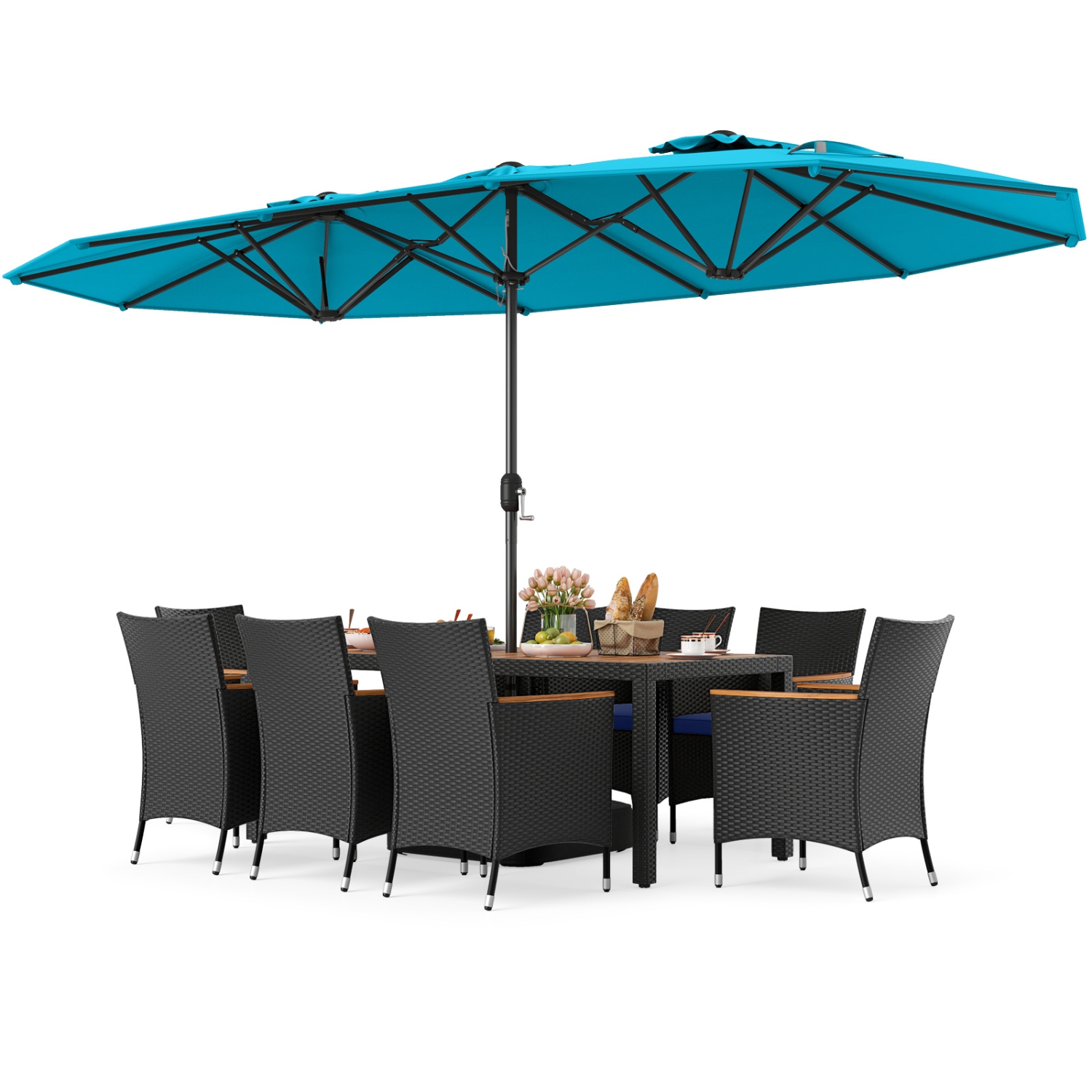 Costway 9 PCS Patio Wicker Dining Set with Double-Sided Outdoor Umbrella 8 Stackable Chairs