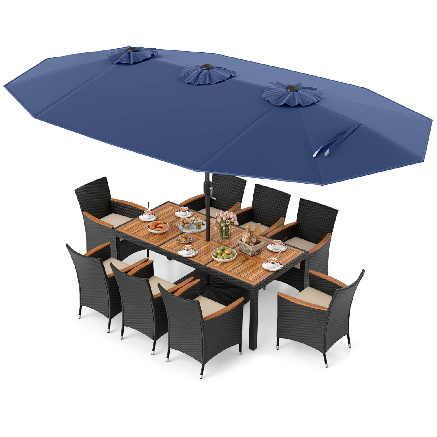 Costway 9 PCS Patio Wicker Dining Set with Double-Sided Outdoor Umbrella 8 Stackable Chairs