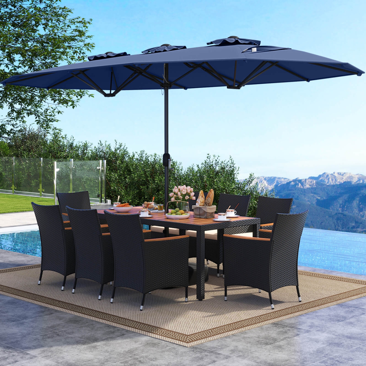 Costway 9 PCS Patio Wicker Dining Set with Double-Sided Outdoor Umbrella 8 Stackable Chairs