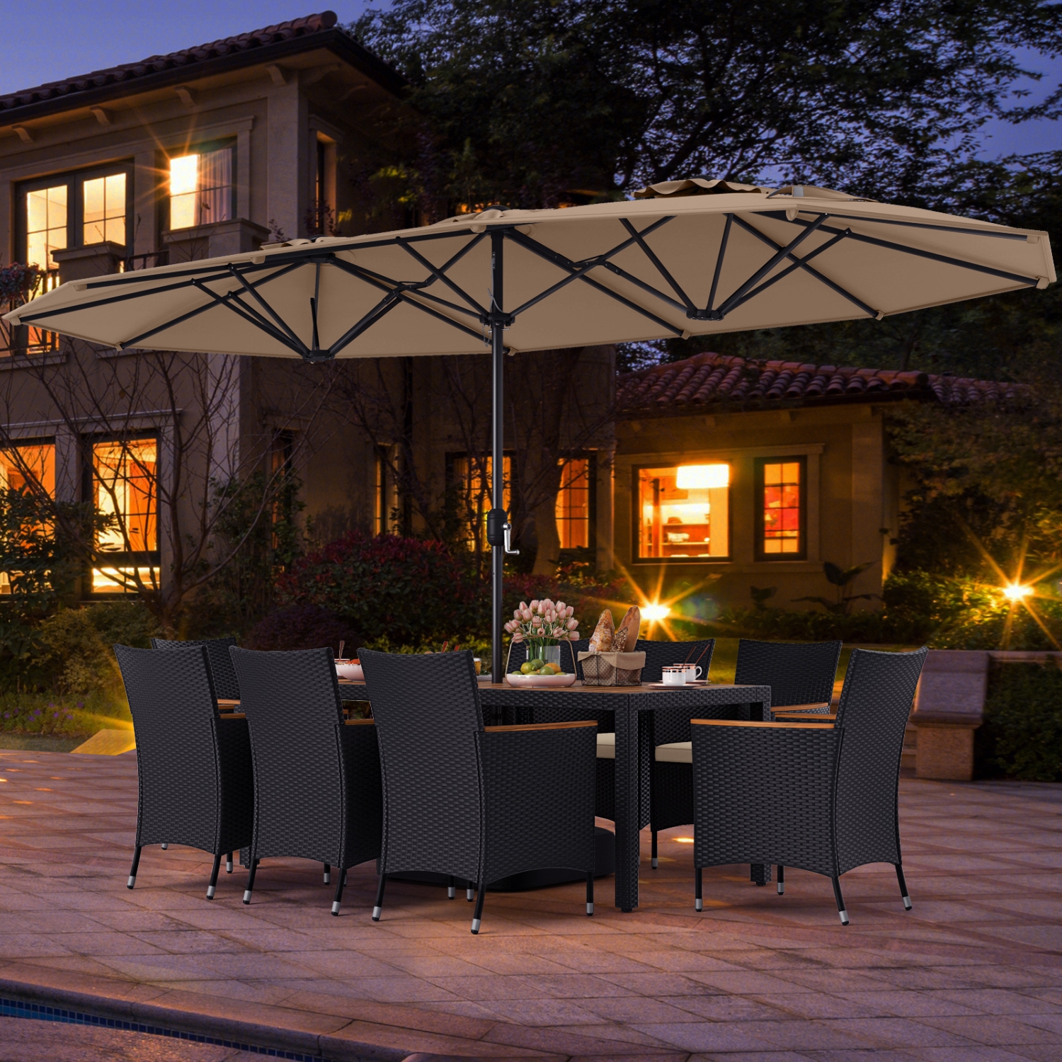 Costway 9 PCS Patio Wicker Dining Set with Double-Sided Outdoor Umbrella 8 Stackable Chairs