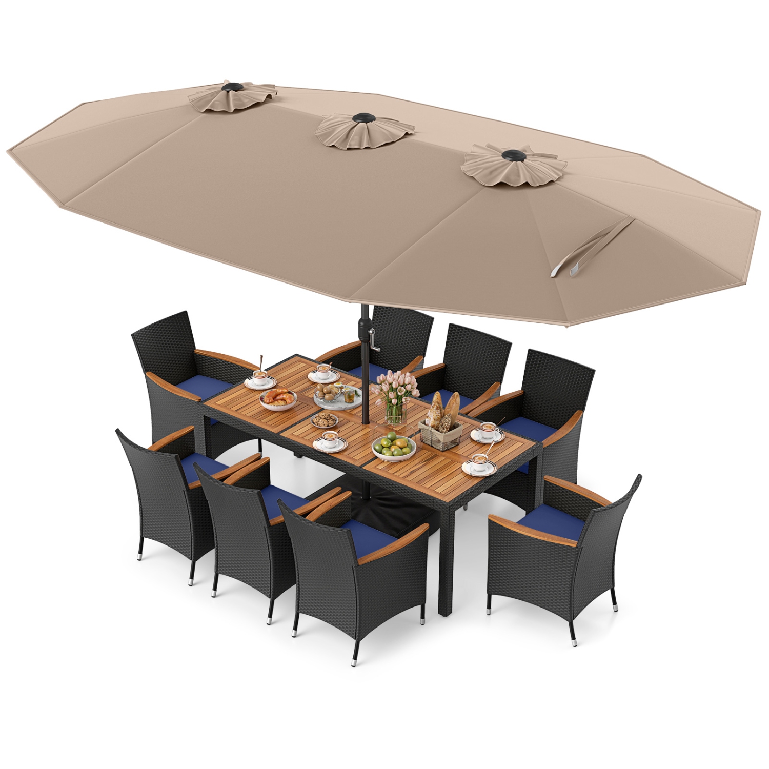 Ensemble de salle à manger de patio en osier 9 PCS avec parasol d'extérieur double face de Costway, 8 chaises empilables