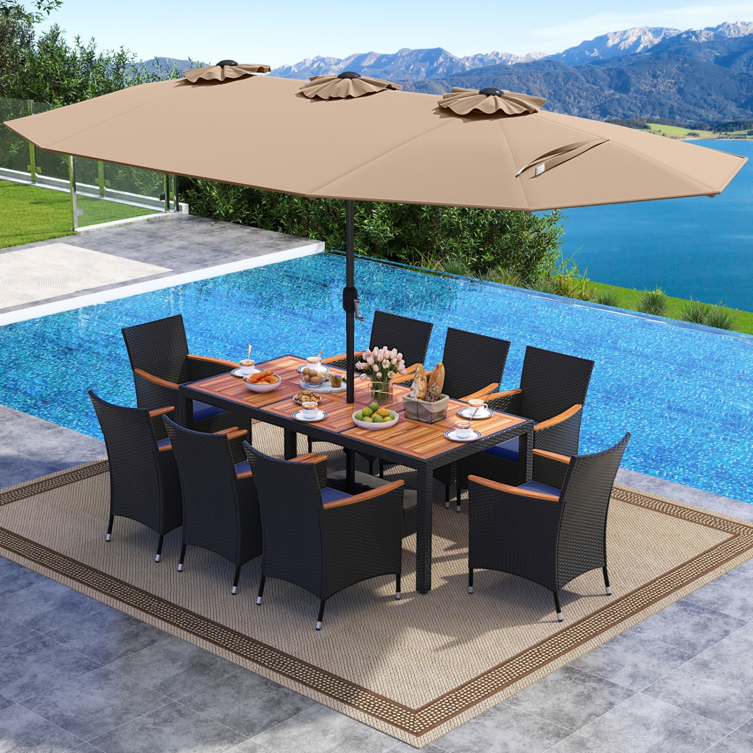 Ensemble de salle à manger de patio en osier 9 PCS avec parasol d'extérieur double face de Costway, 8 chaises empilables