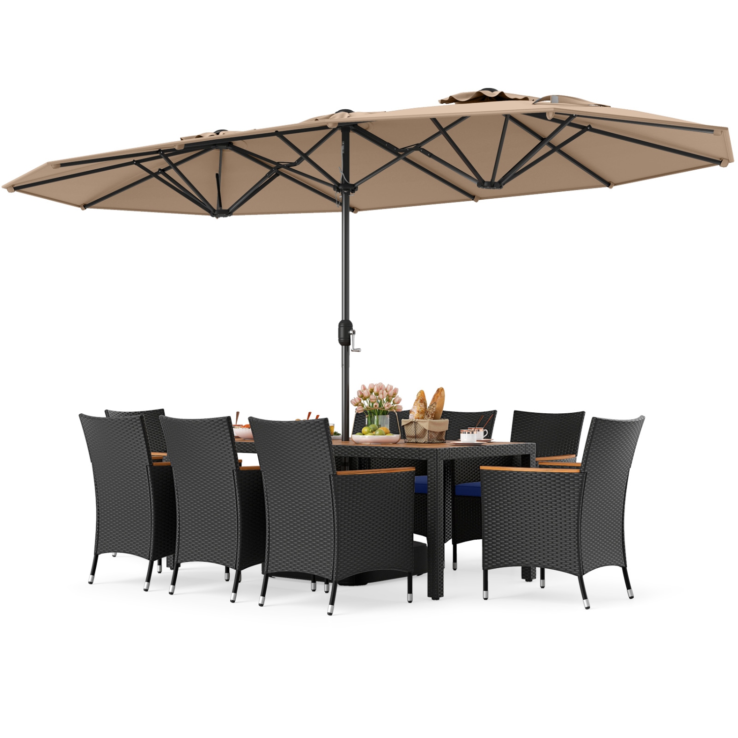 Ensemble de salle à manger de patio en osier 9 PCS avec parasol d'extérieur double face de Costway, 8 chaises empilables