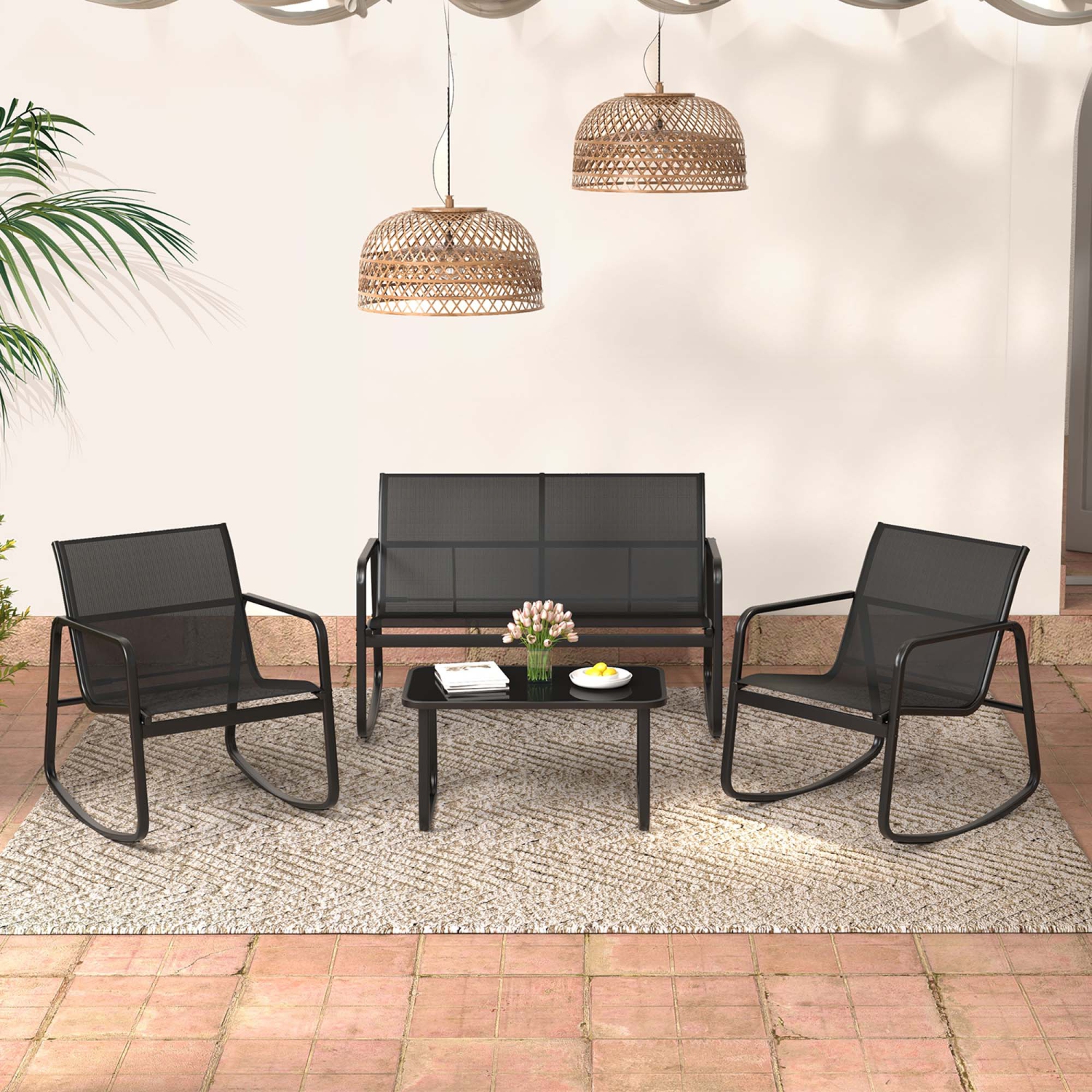 Fauteuils berçants et causeuse de patio 8 PCS de Costway avec table extérieure à surface en verre