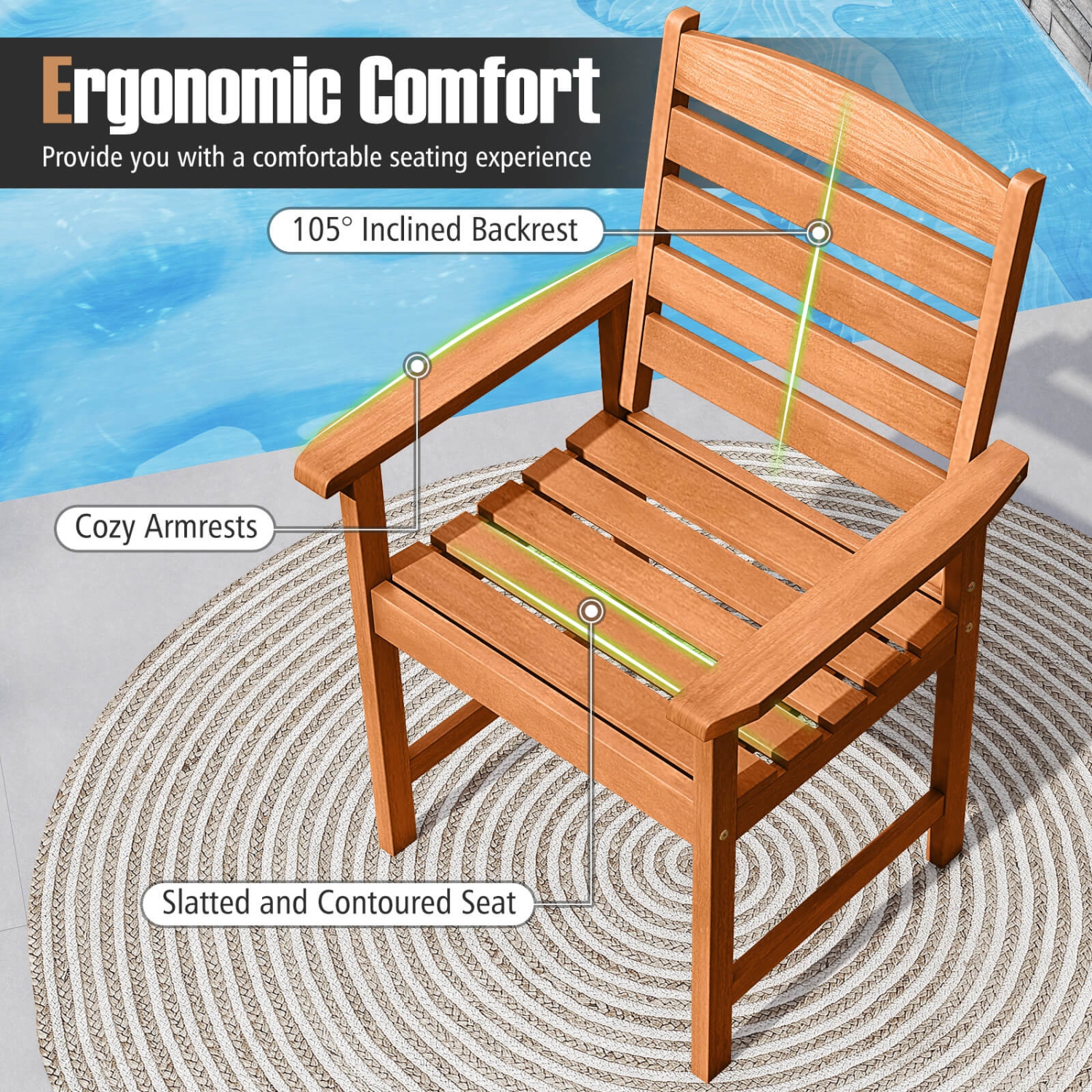 Costway Patio Chairs Set of 2/4 with Inclined Backrests and Slatted Seats for Deck