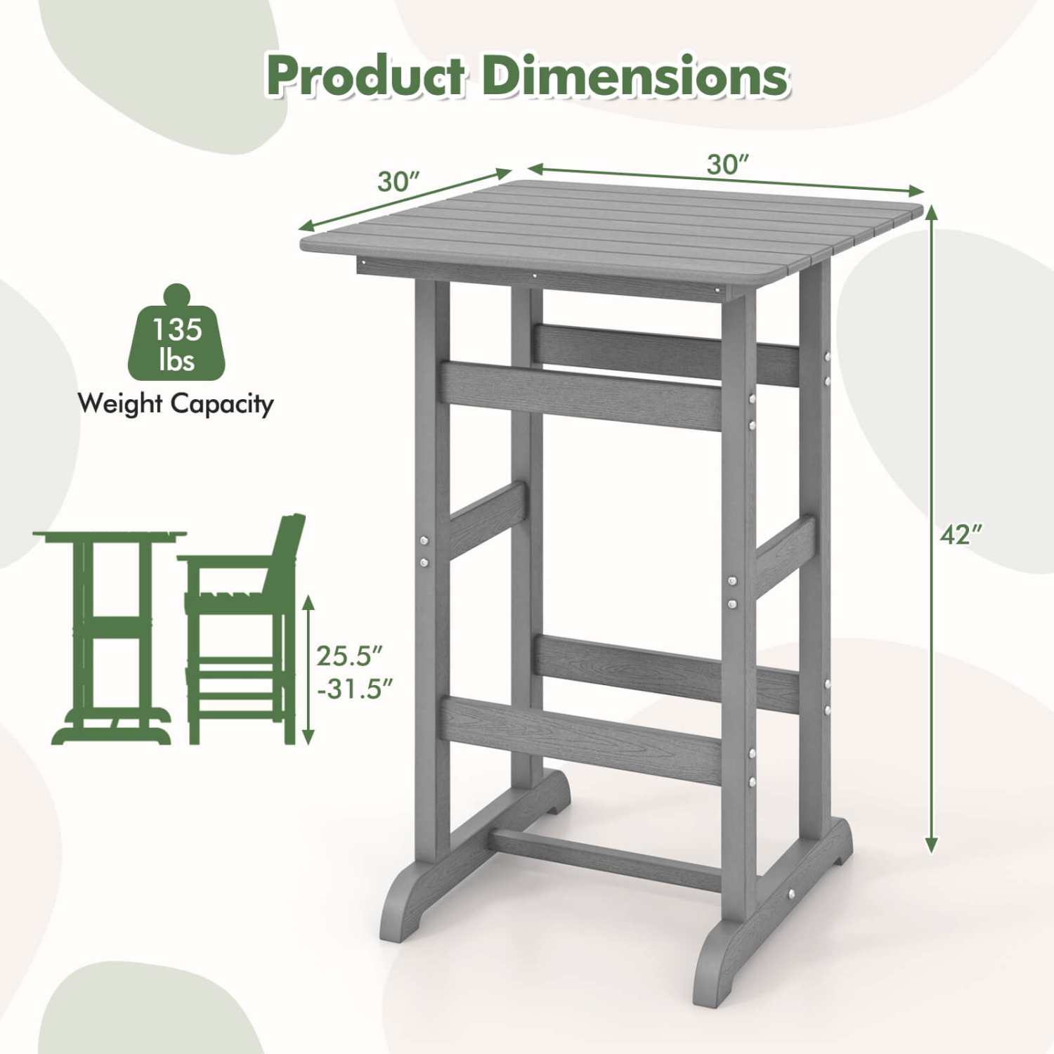 Costway Outdoor Bar Table All Weather HDPE Patio Table with Wood Grains Bistro Table Brown/Black/Gray/Navy