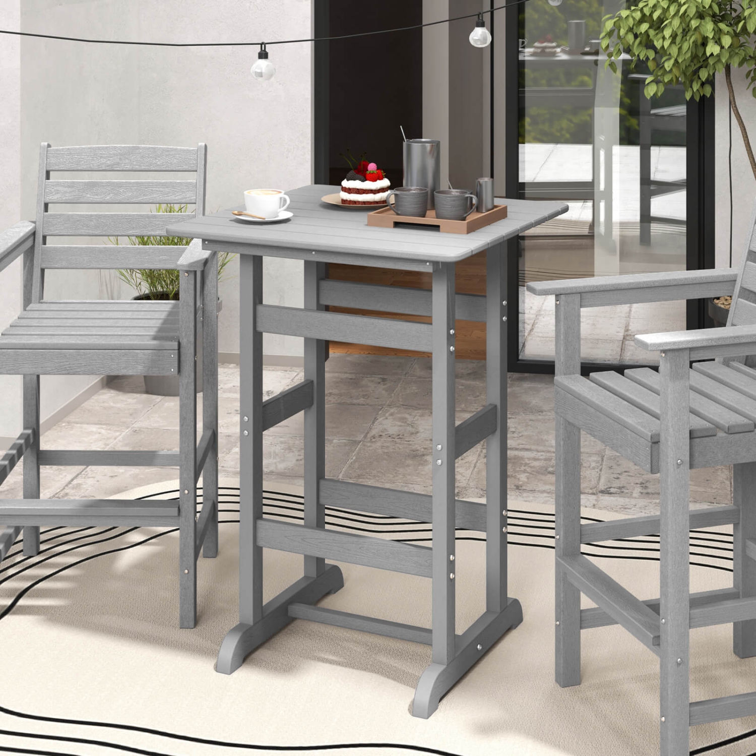 Costway Outdoor Bar Table All Weather HDPE Patio Table with Wood Grains Bistro Table Brown/Black/Gray/Navy