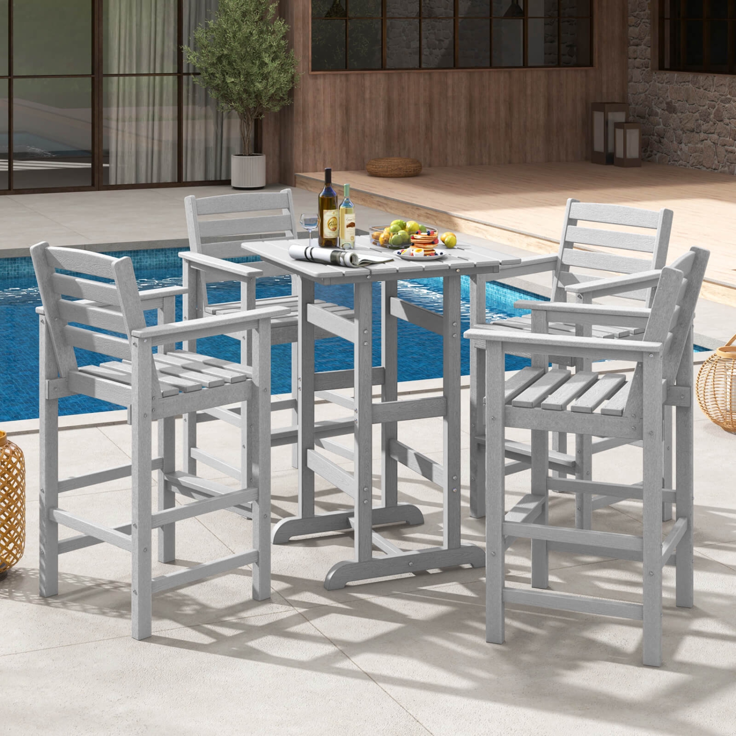 Costway Outdoor Bar Table All Weather HDPE Patio Table with Wood Grains Bistro Table Brown/Black/Gray/Navy
