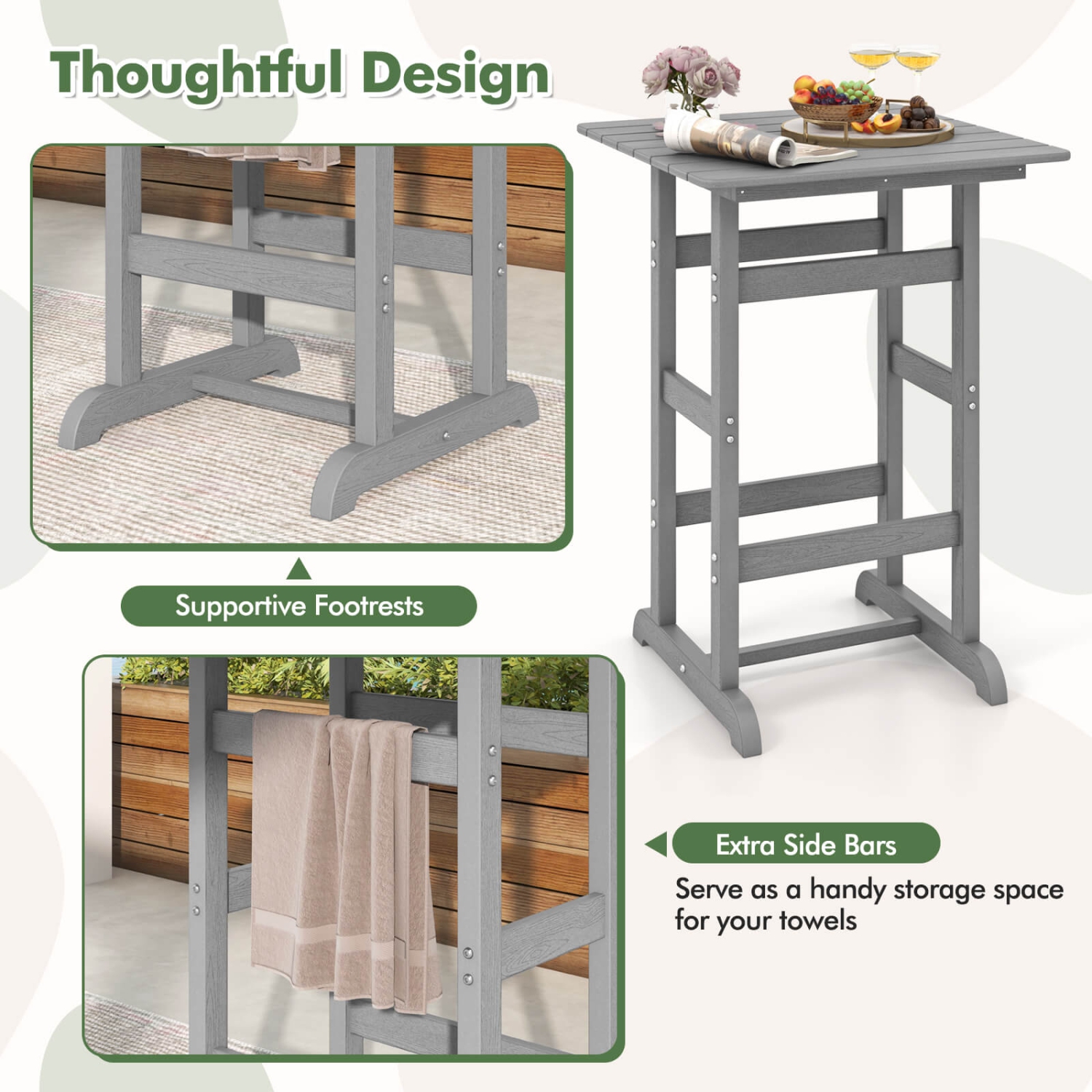 Costway Outdoor Bar Table All Weather HDPE Patio Table with Wood Grains Bistro Table Brown/Black/Gray/Navy